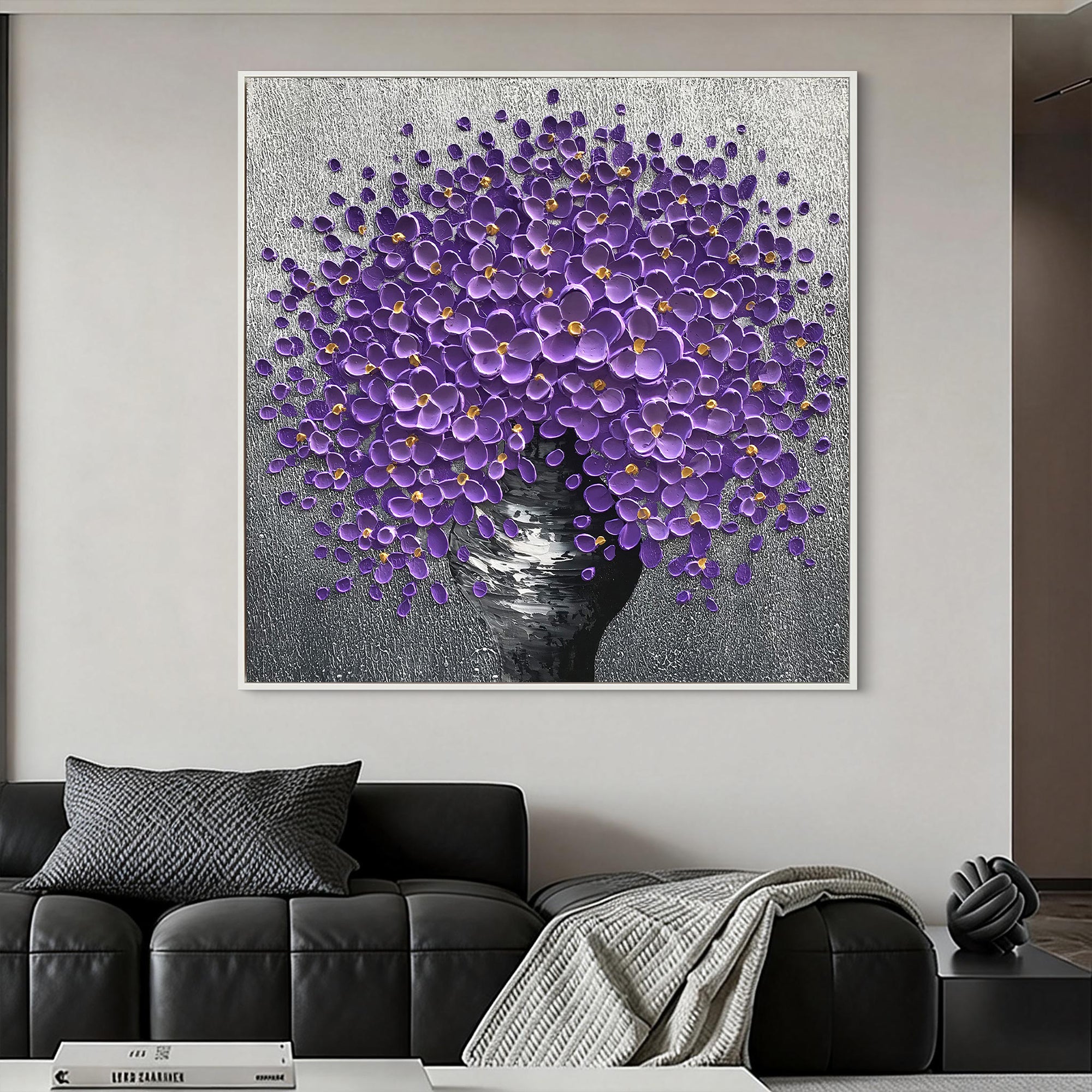 Violet Sphere – Modern Floral Bouquet Relief Floral Painting | Contemporary Botanical Bedroom & Living Room Art