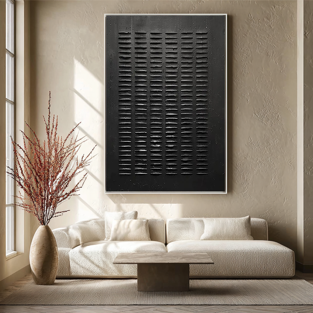 Onyx Matrix – Hand-Painted Minimalist All-Black Plaster Effect Wabi-Sabi Painting | Modern Noir Wabi-Sabi Living Room & Home Office Art