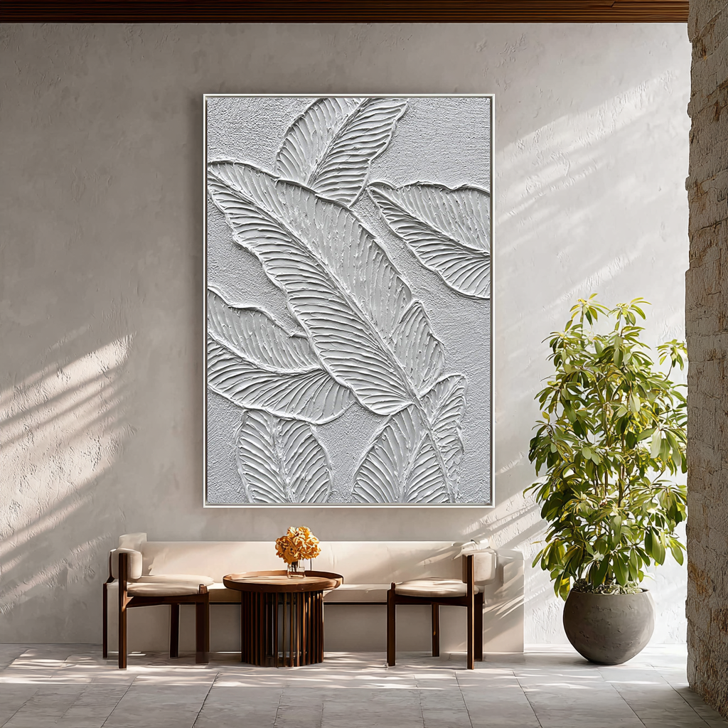 Silver Frond – Modern Botanical Leaf Relief Texture Painting | Contemporary Botanical Bedroom & Living Room Art