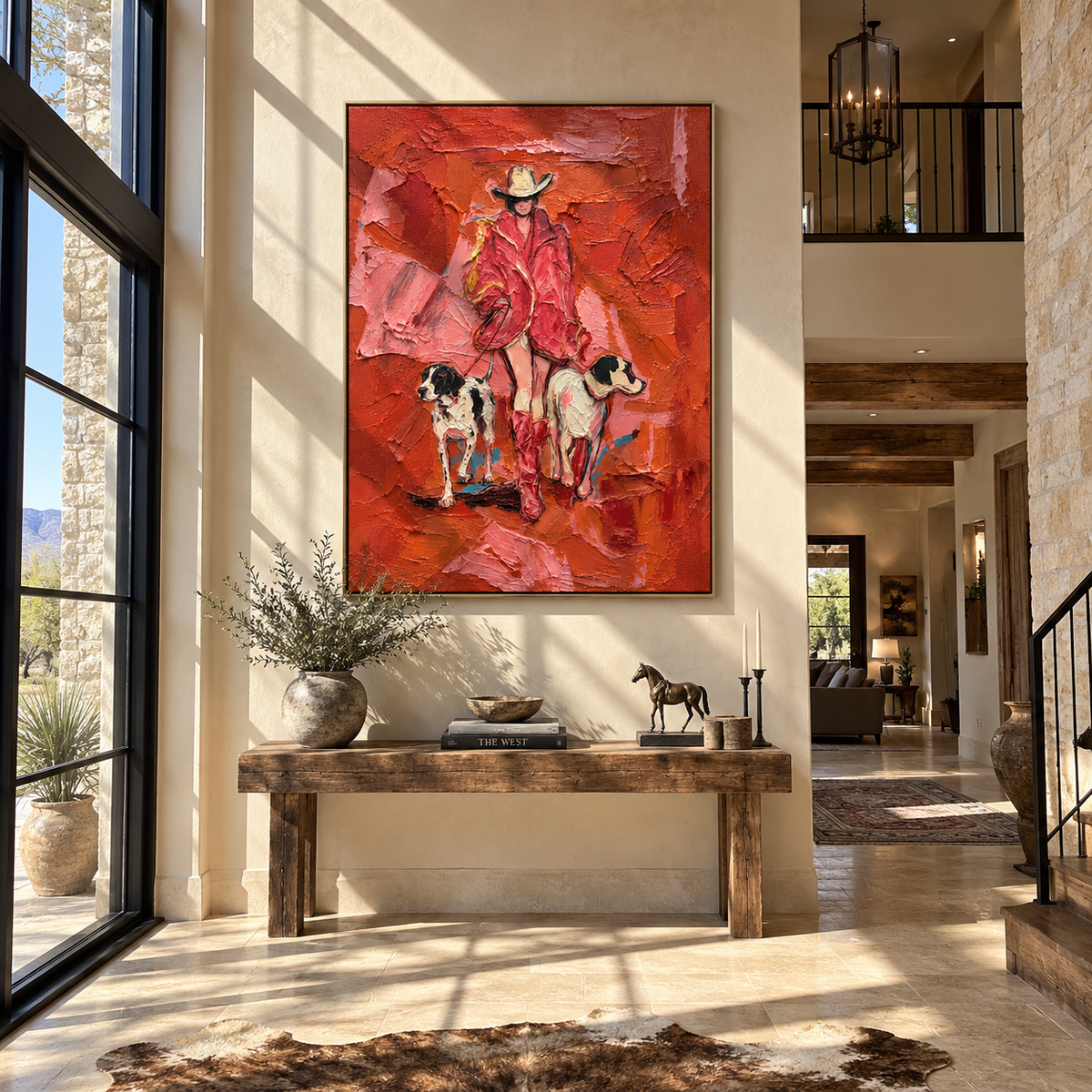 Best Companion – Cowgirl with White Dog Painting | Vintage Americana Vertical Art