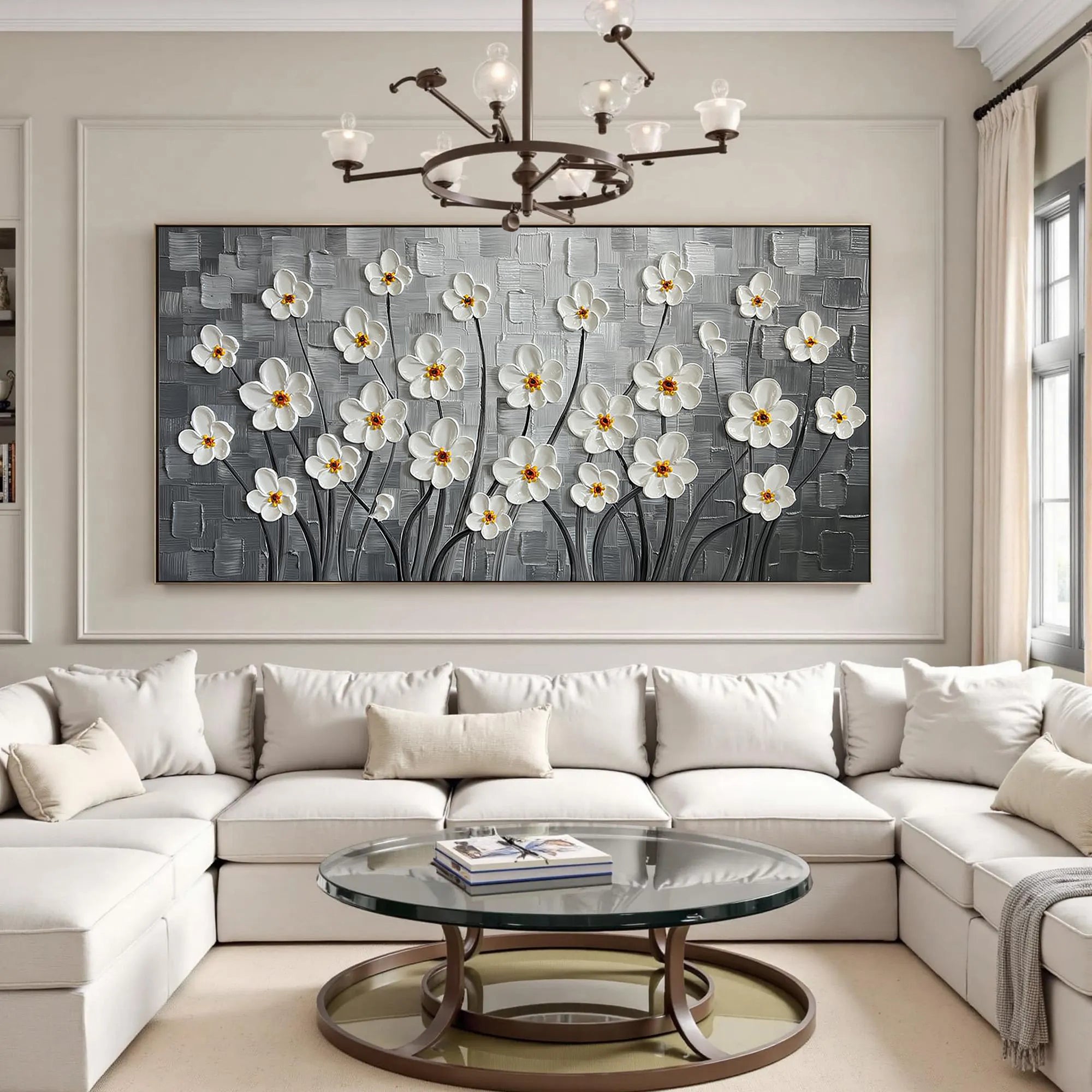 Silver Bloom – White Flower Relief Floral Painting | Contemporary Botanical Bedroom & Living Room Art