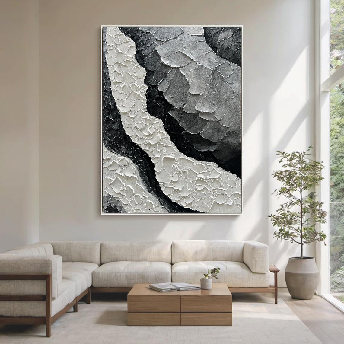 Noir Ridge – Modern Plaster Relief Abstract Texture Painting | Industrial Abstract Home Office & Living Room Art