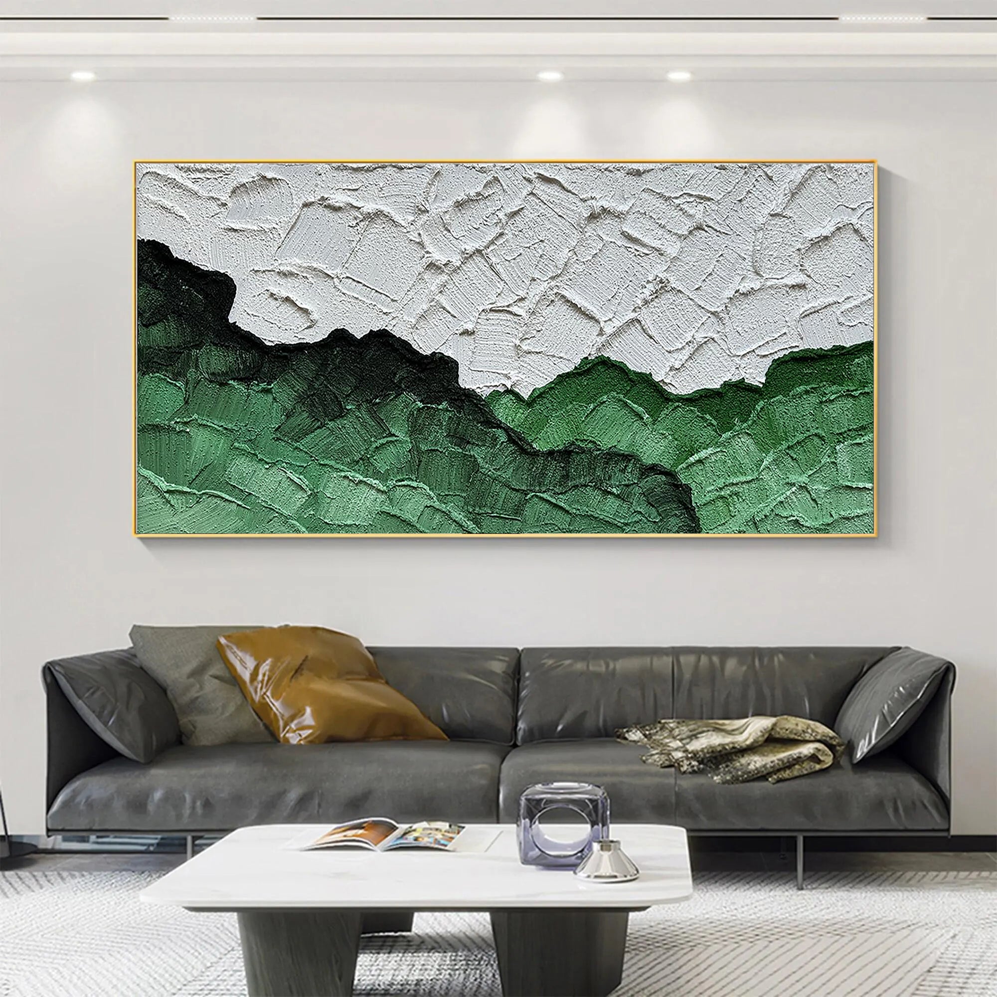 Emerald Ridge – Green & White Relief Abstract Texture Painting | Modern Abstract Living Room & Office Art