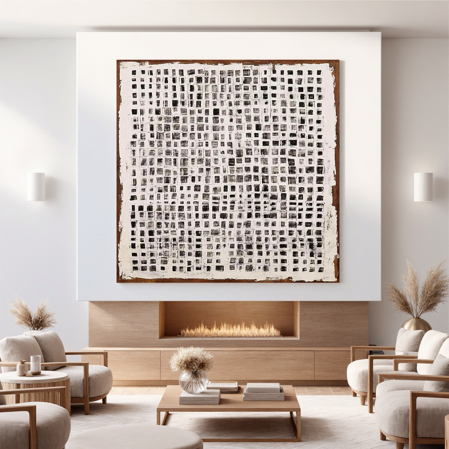 Monochrome Mosaic – Industrial Black and White Grid Impasto Painting | Avant-Garde Expressionist Living Room Art