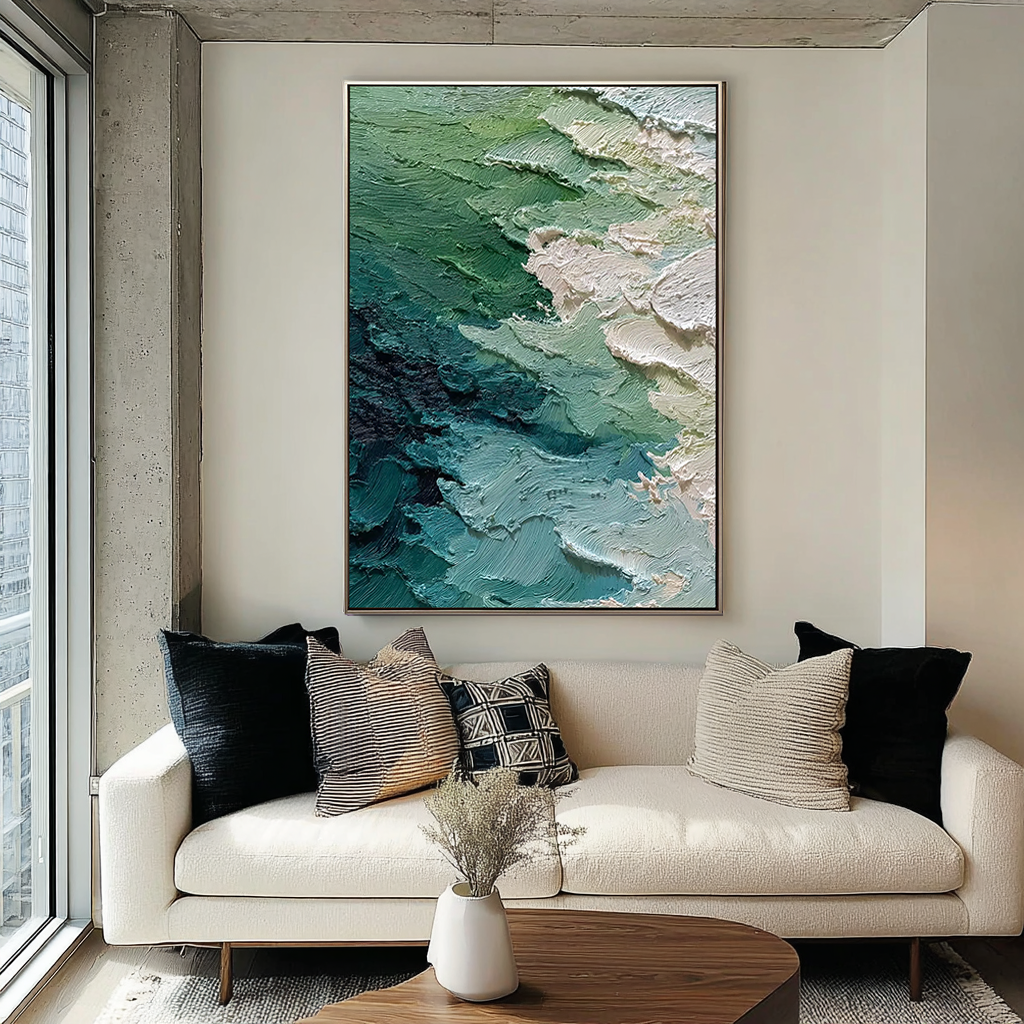 Moss Strata – Sage Green Abstract Shoreline Wabi-Sabi Painting | Japandi Wabi-Sabi Living Room & Bedroom Art