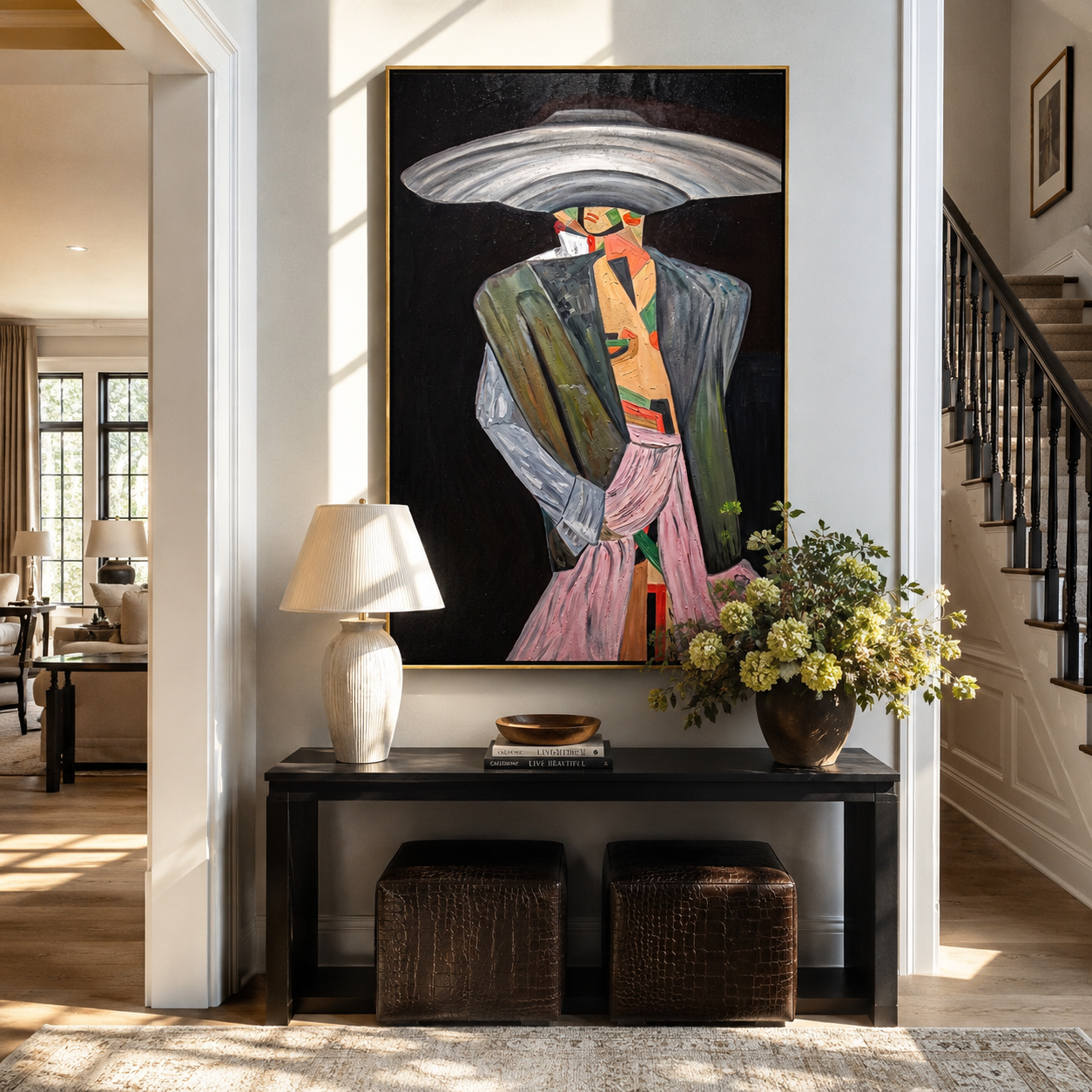 Silver Brim Takes Stage – Gray Fashion Figure Painting | Retro Modern Vertical Wall Art