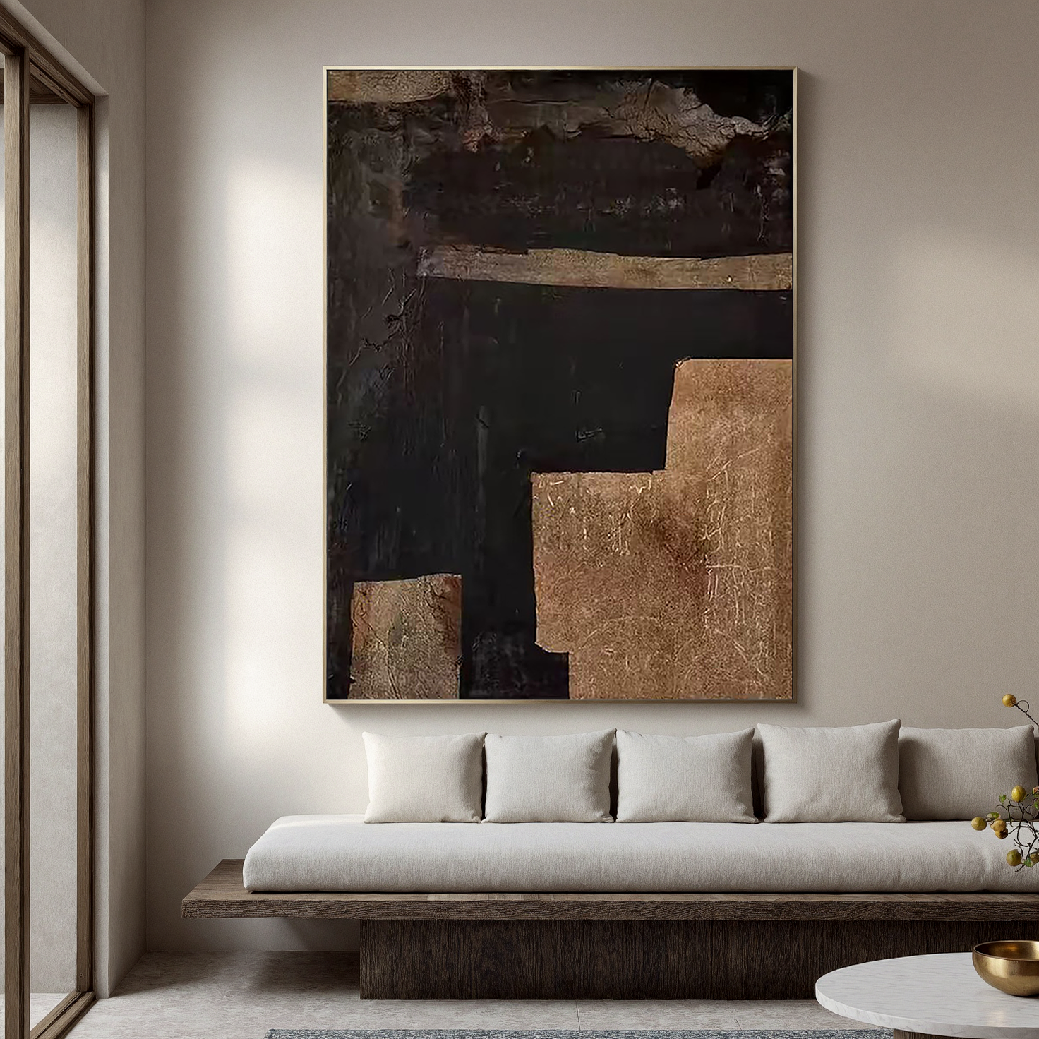 Time Fault Line – Wabi-Sabi Style Black-and-Gold Texture Painting | Modern Industrial-Style Hallway Art