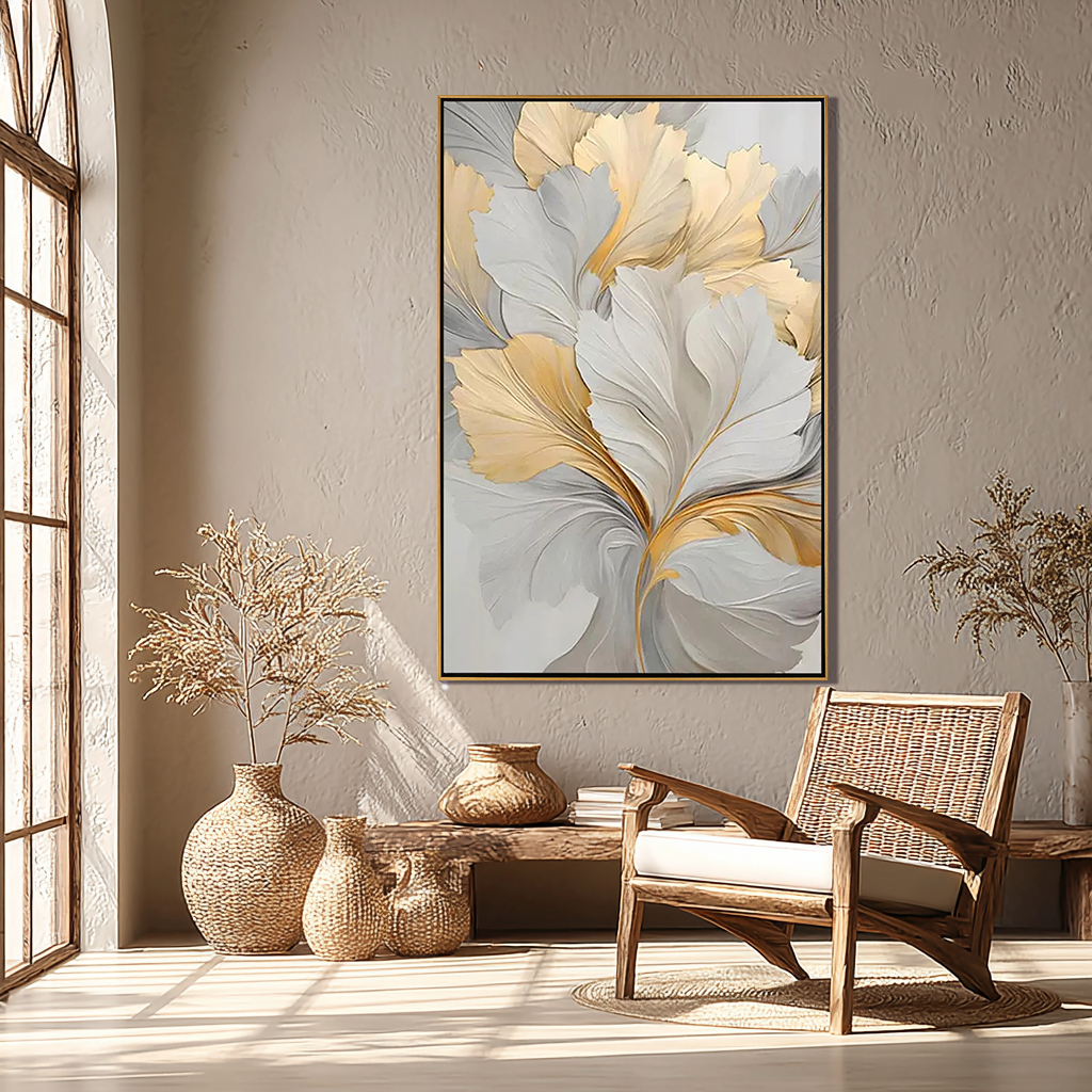 Meadow Bloom – Hand-Painted Minimalist Beige and Rainbow Wildflower Floral Painting | Vibrant Botanical Living Room & Dining Room Art