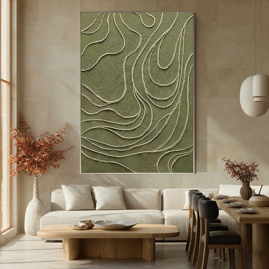 Olive Topography – Hand-Painted Sage Green 3D Line Relief Plaster Effect Minimalist Painting | Modern Minimalist Bedroom & Home Office Art