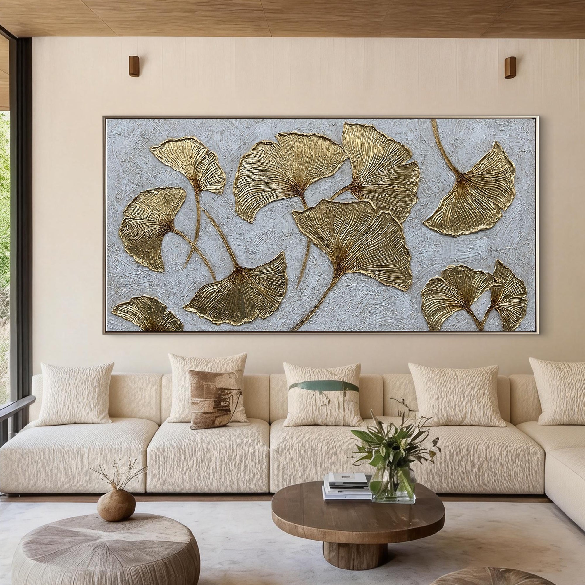 Gilded Leaves – Modern Gold Leaf Relief Texture Painting | Modern Luxury Metallic Living Room & Hotel Art