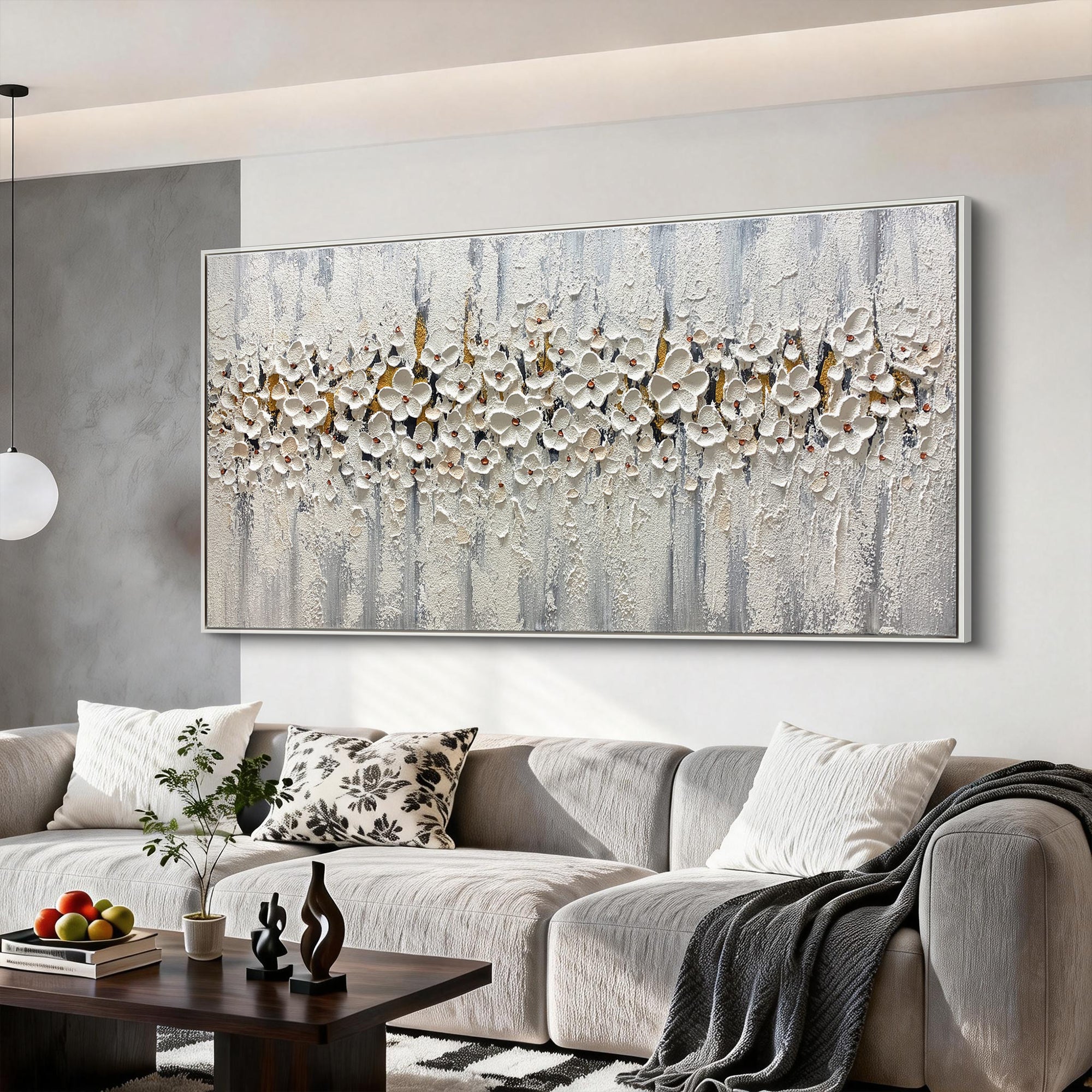 White Night Symphony – Modern Heavy Impasto White Flowers Painting | Luxury Panoramic Living Room Art