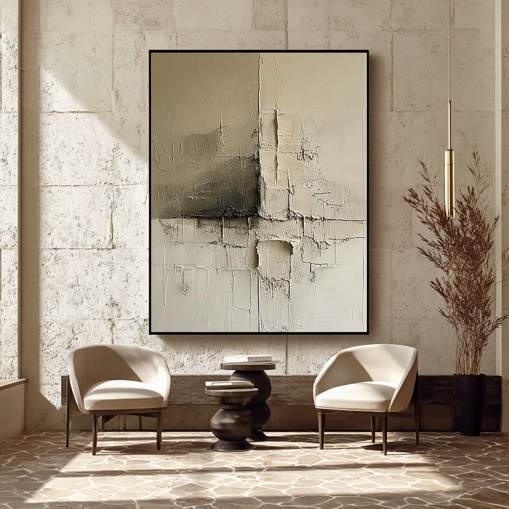 Ancient Trace – Hand-Painted Neutral Beige and Grey Plaster Effect Relief Texture Painting | Japandi Organic Texture Living Room & Bedroom Art