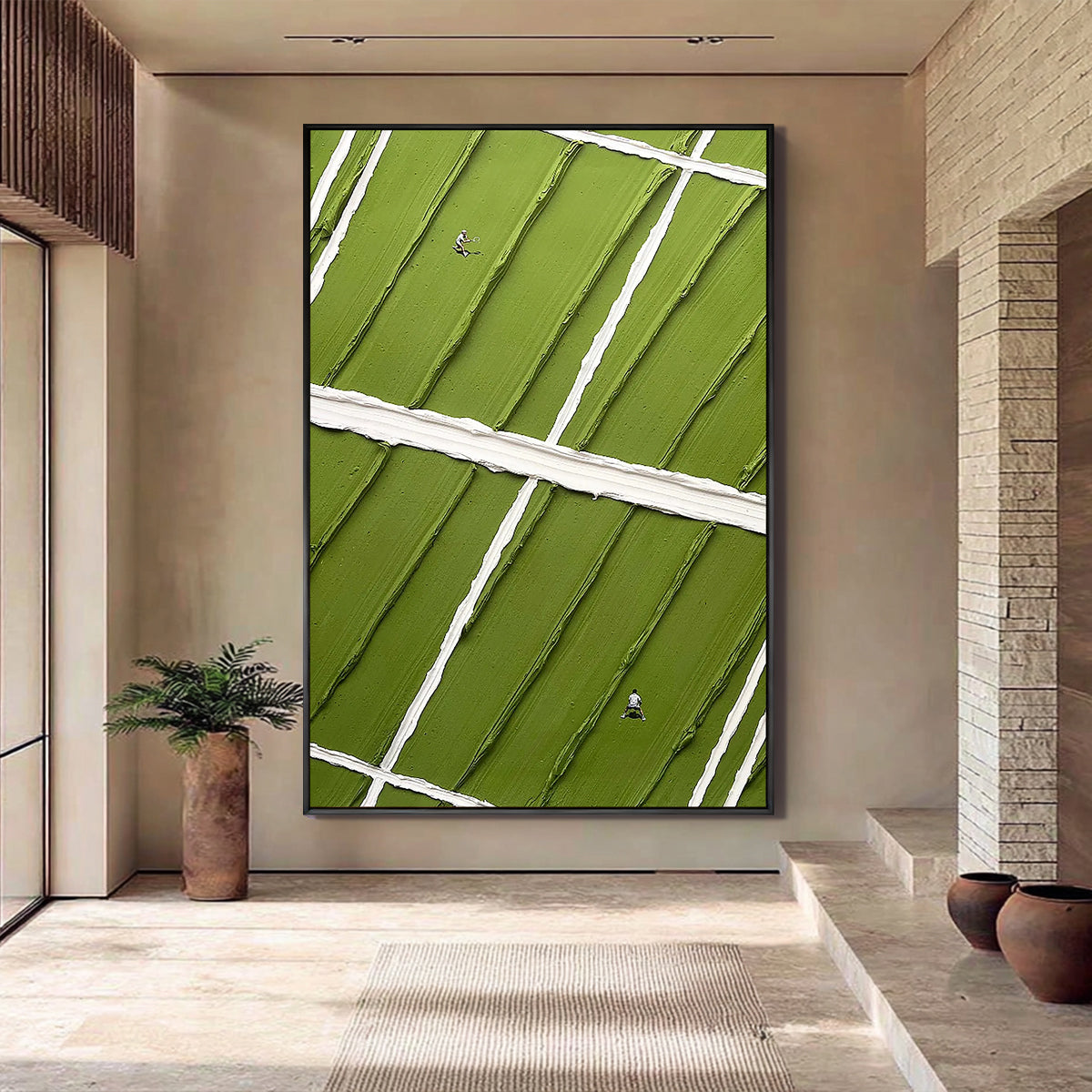 Match Point – Hand-Painted Green Tennis Court Minimalist Athletes Sport Painting | Contemporary Sport Home Office & Living Room Art