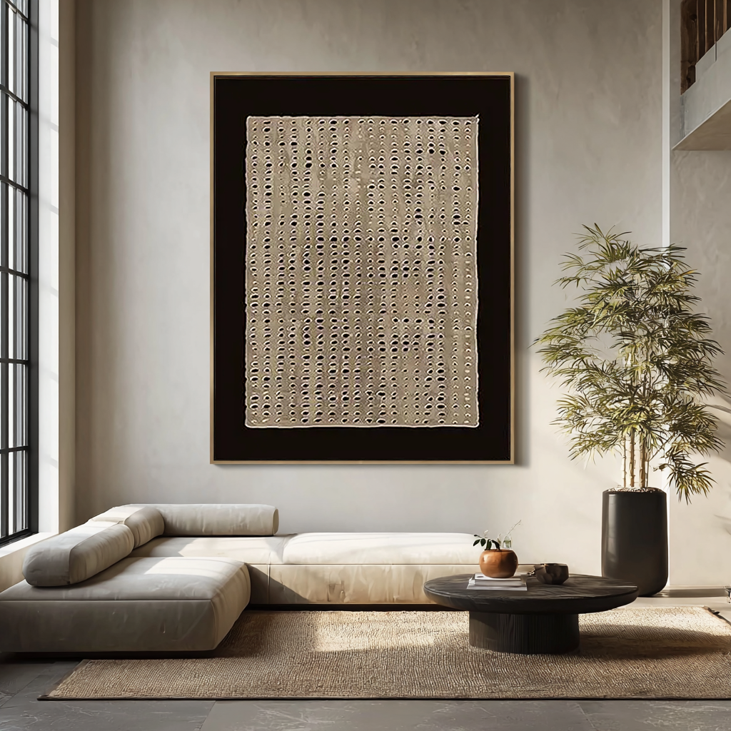 Zen Lattice – 3D Heavy Texture Black & Sand Plaster Relief Wabi-Sabi Painting | Japandi Organic Wabi-Sabi Living Room & Hallway Art