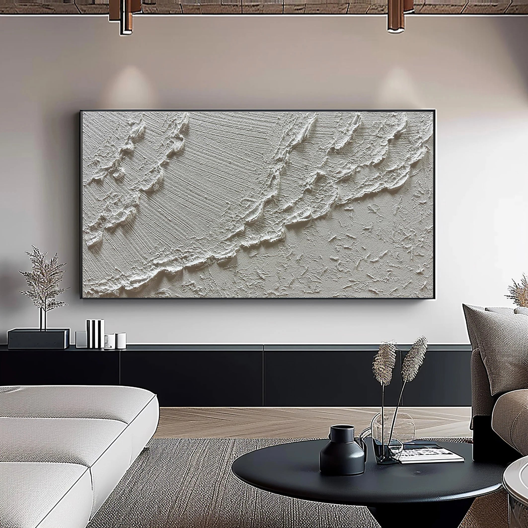 Silver Ridge – Modern White Abstract Relief Minimalist Painting | Modern Minimalist Bedroom & Home Office Art