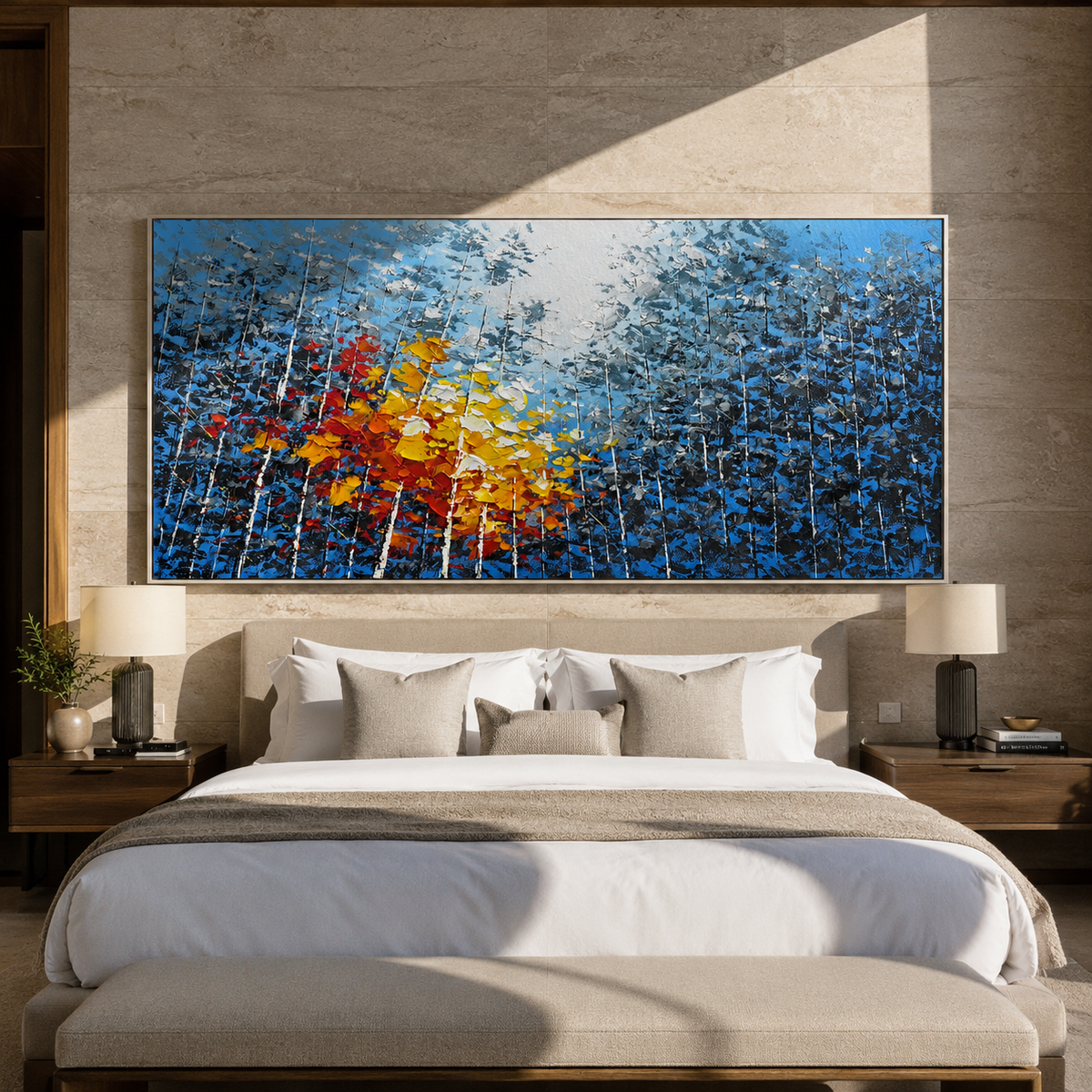 Birches Catch the Light – Blue & Gold Birch Grove Painting | Textured Panoramic Living Room Wall Art