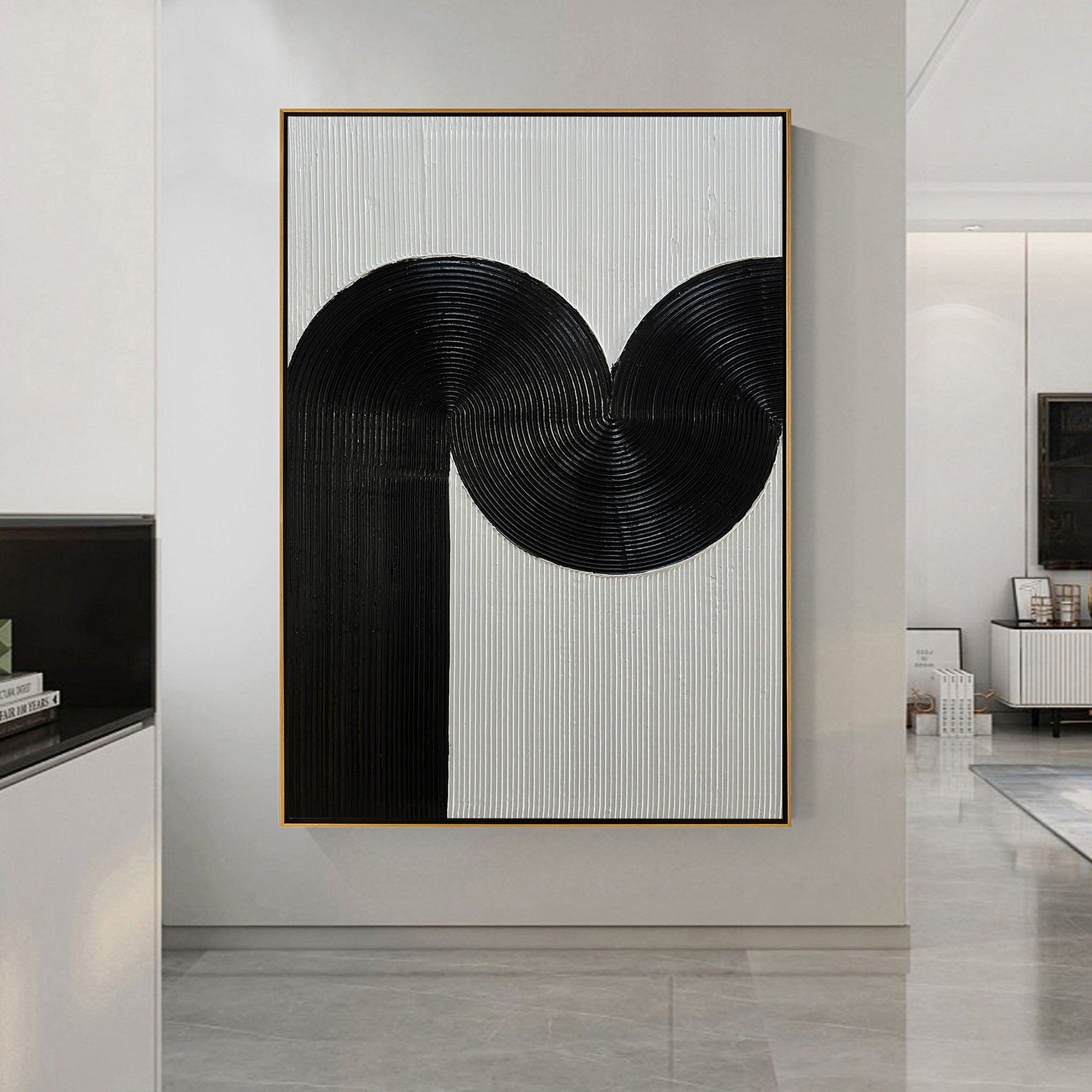 BOLD RHYTHM- Wabi-sabi Linear Texture Painting | Minimalist Black & White Sculptural Hallway Art