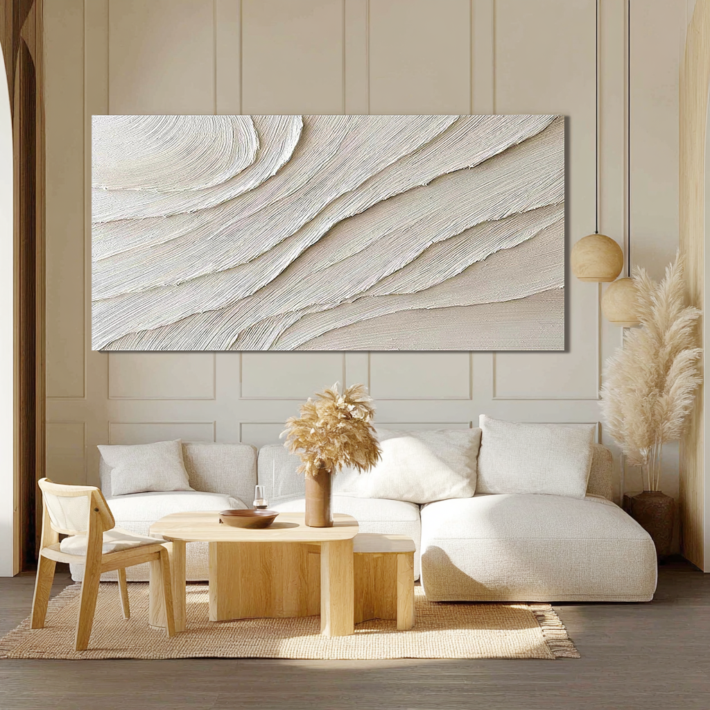 Desert Rhythm – Hand-Painted Creamy White Fluid Plaster Lines Minimalist Painting | Modern Minimalist Bedroom & Home Office Art