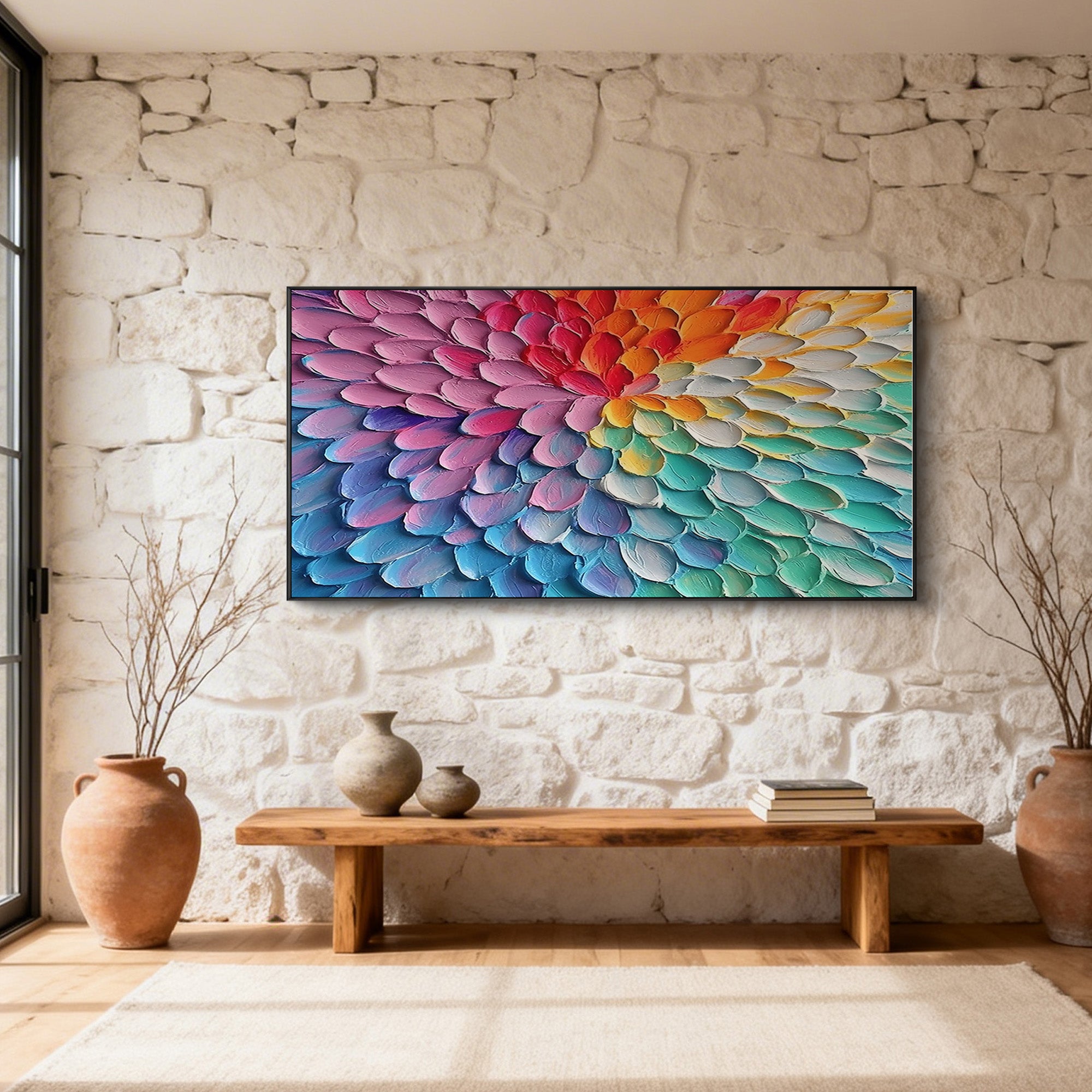 Iridescent Bloom – Modern Impasto Rainbow Gradient Abstract Painting | Healing Colorful Living Room Art