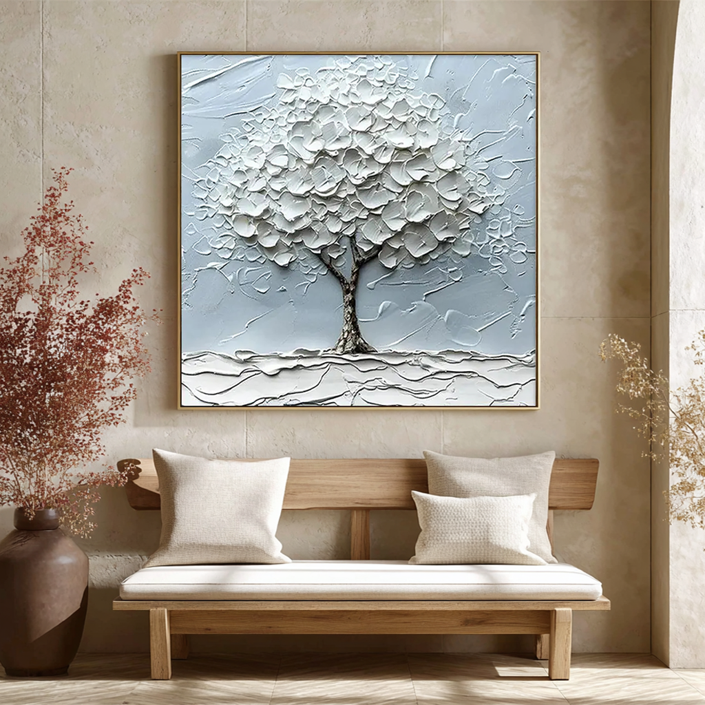 Sacred Solitude – Minimalist Heavy Impasto White Tree of Life | Wabi-Sabi Square Living Room Wall Art