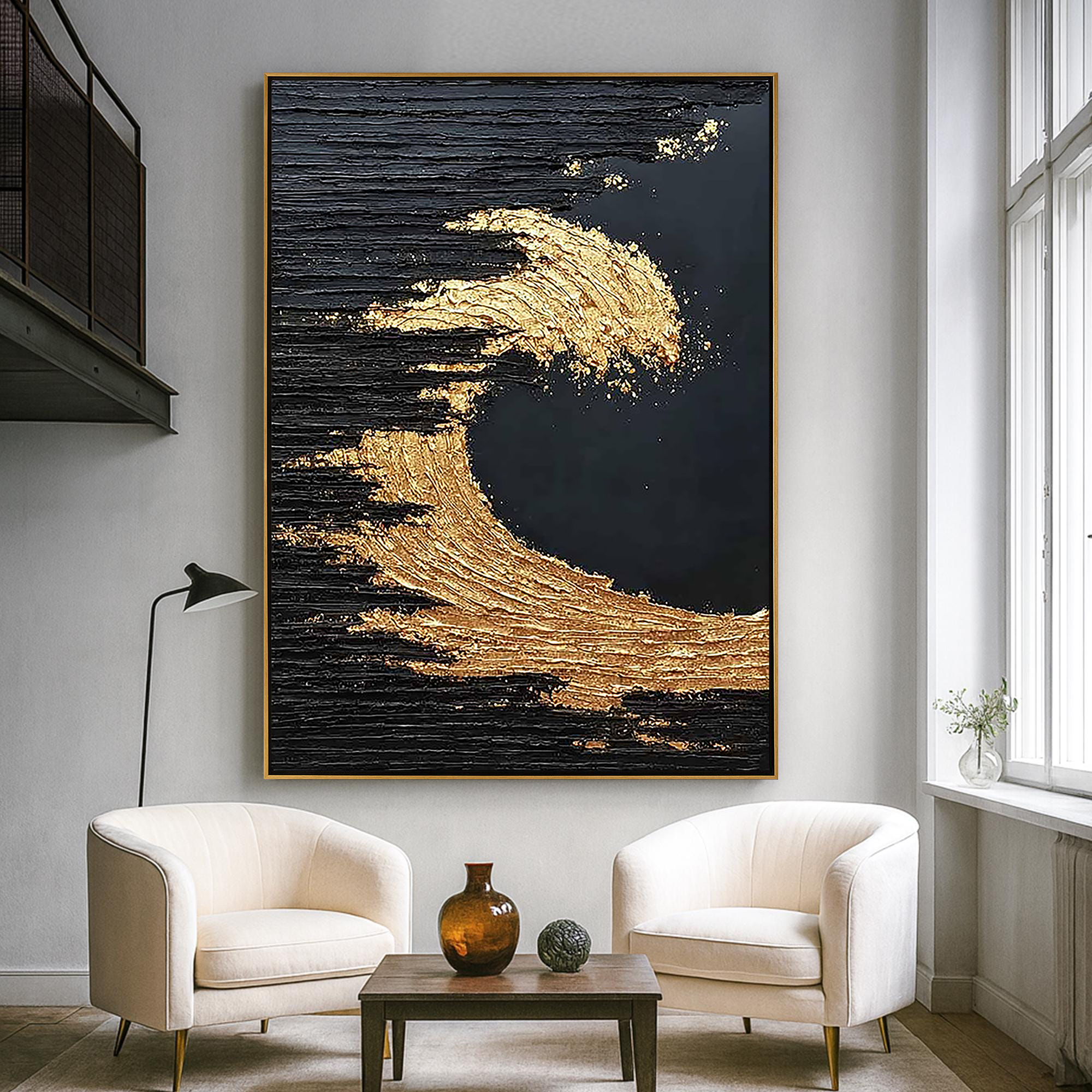 Golden Surge – Modern Black-and-Gold Textured Painting | Light-Luxury Abstract Hallway Art