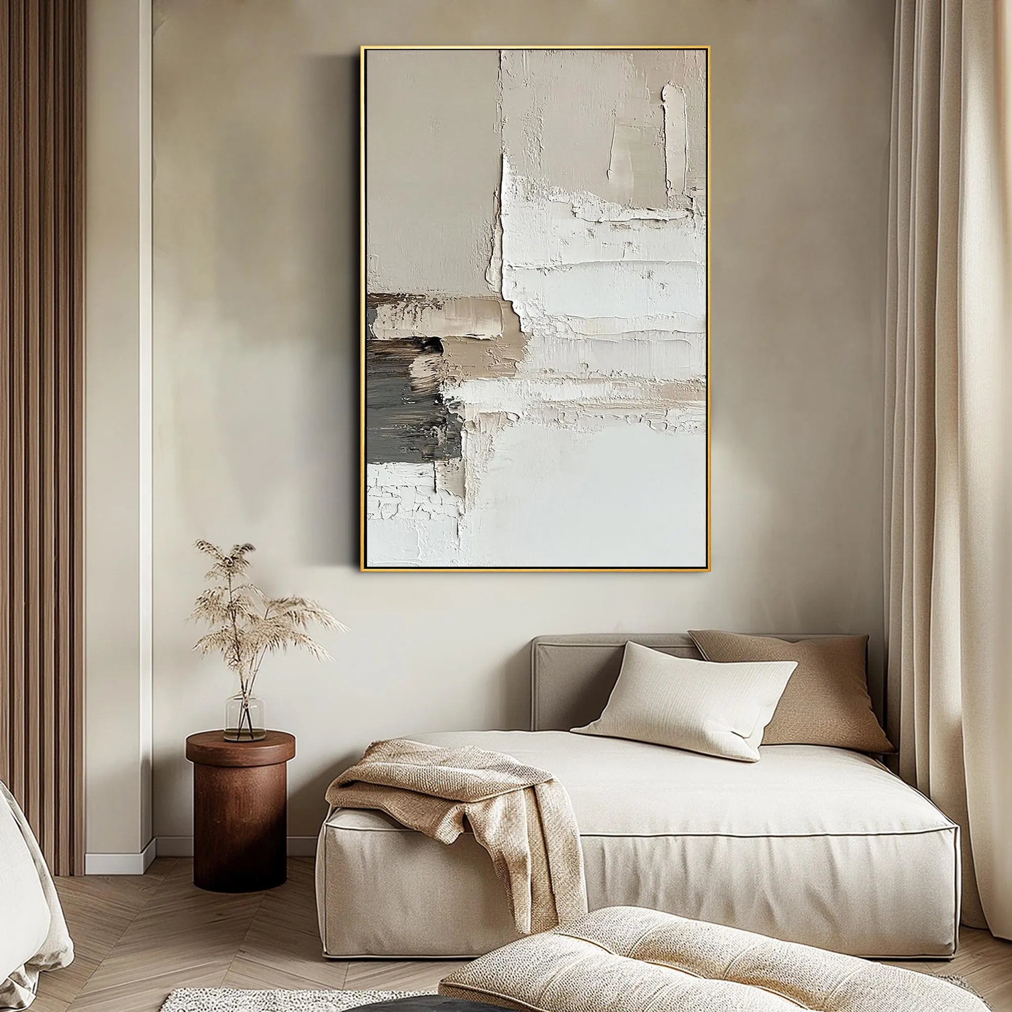 Modern Layers – Hand-Painted Minimalist Neutral Beige and Grey Palette Knife Abstract Painting | Modern Minimalist Bedroom & Home Office Art
