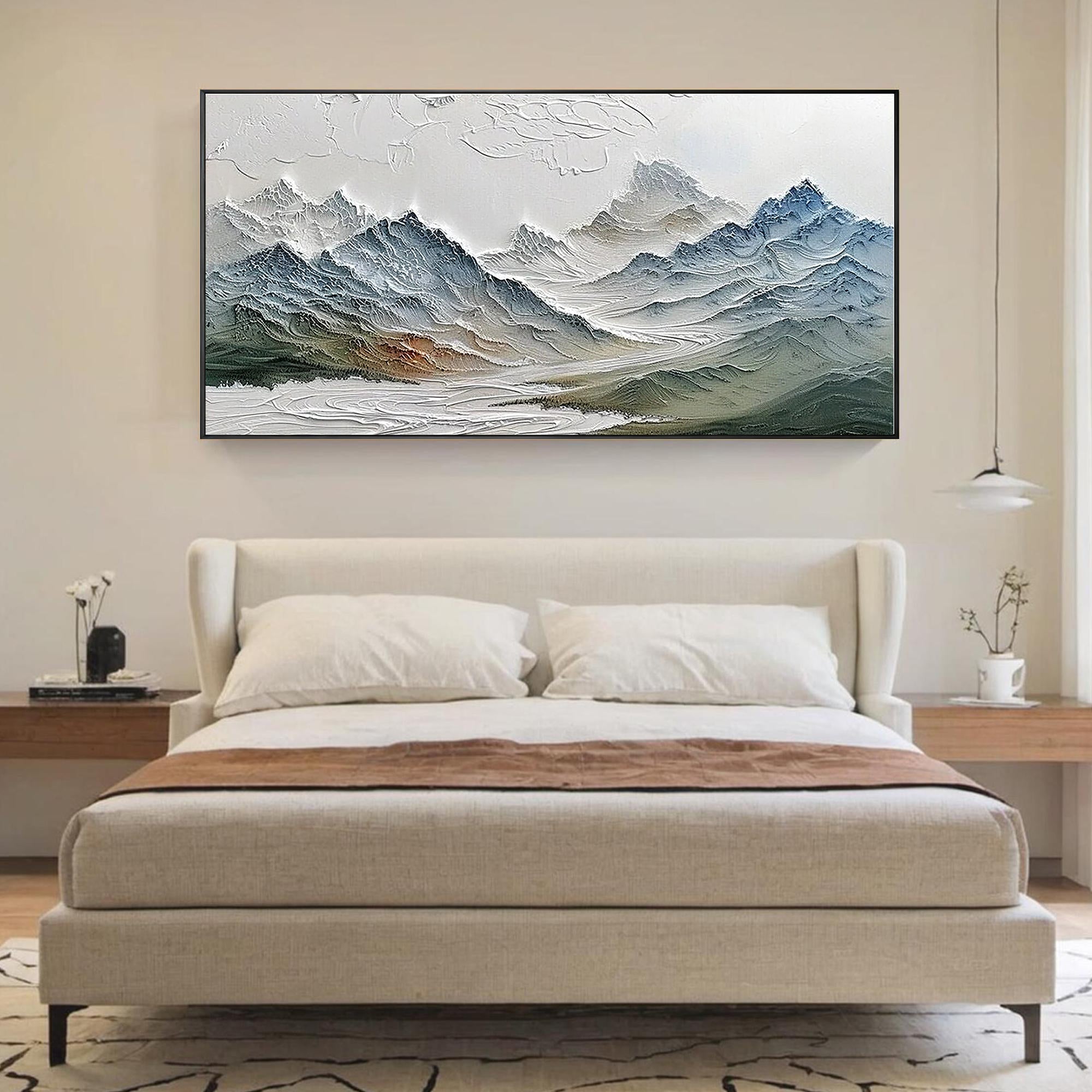 FROSTED PEAKS: Mountain Wall Art, Hand-Painted Blue Alpine Snow Mountain Palette Knife Heavy Texture Canvas Painting