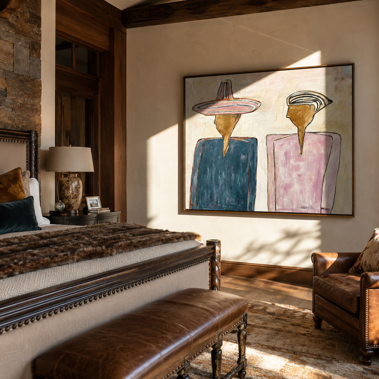 Two Silhouettes Hold Space – Blue Pink Figures Painting | Modern Figurative Horizontal Wall Art