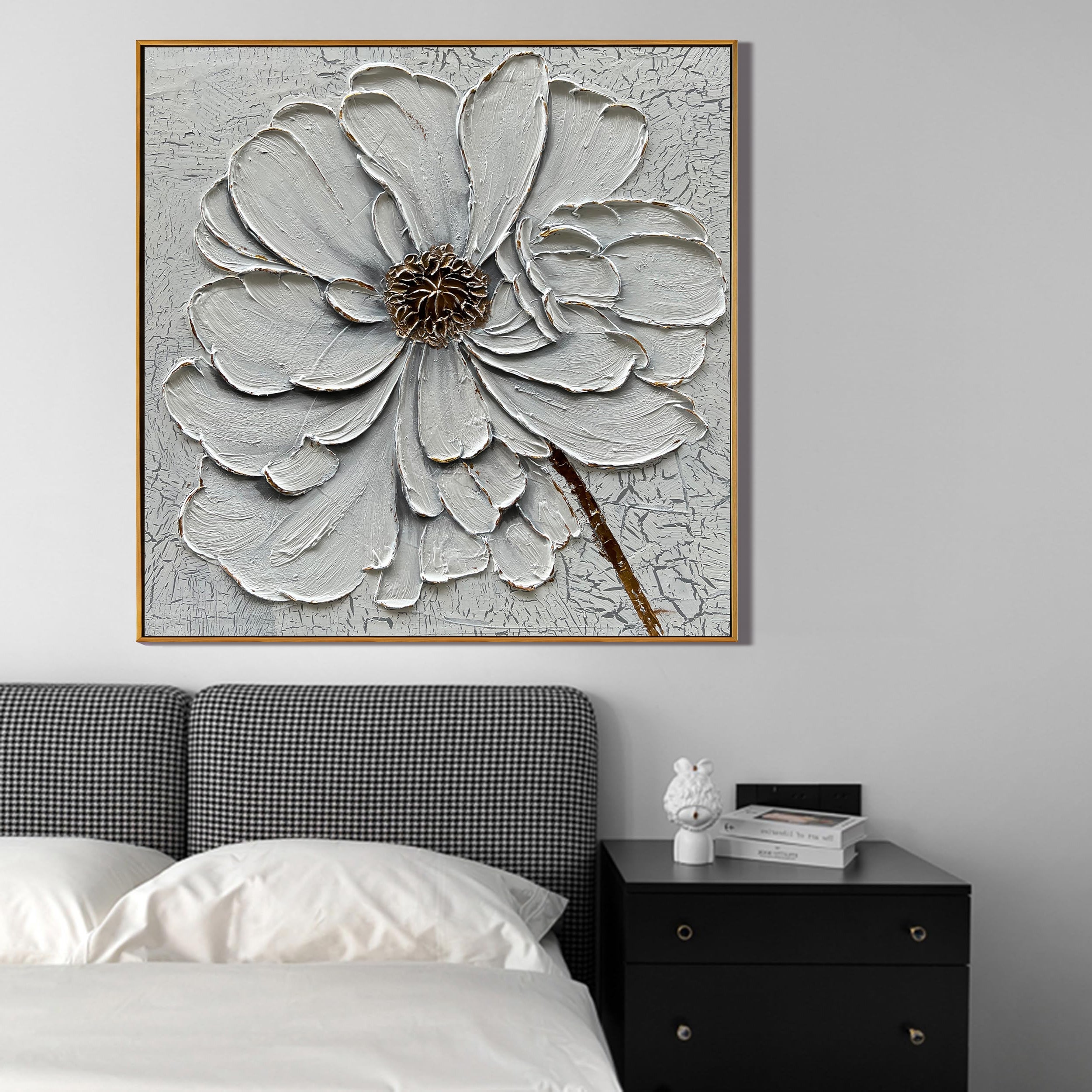 GOSSAMER BLOOM: 3D Heavy Texture Peony Wall Art, White Petal Relief with Gold Accents