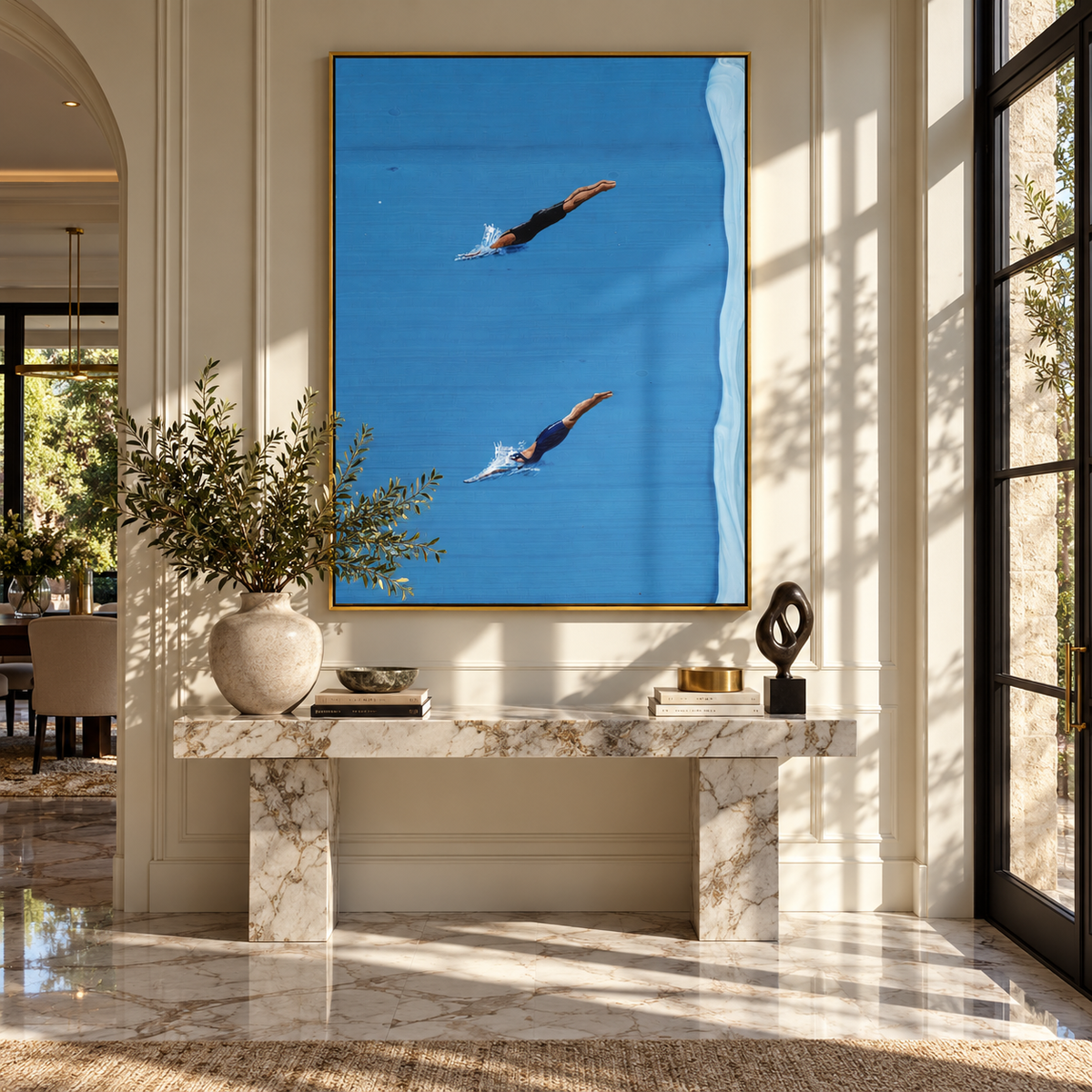 Azure Onyx Swimmers Horizon Calm – Textured Swimmer Painting | Modern Square Wall Art