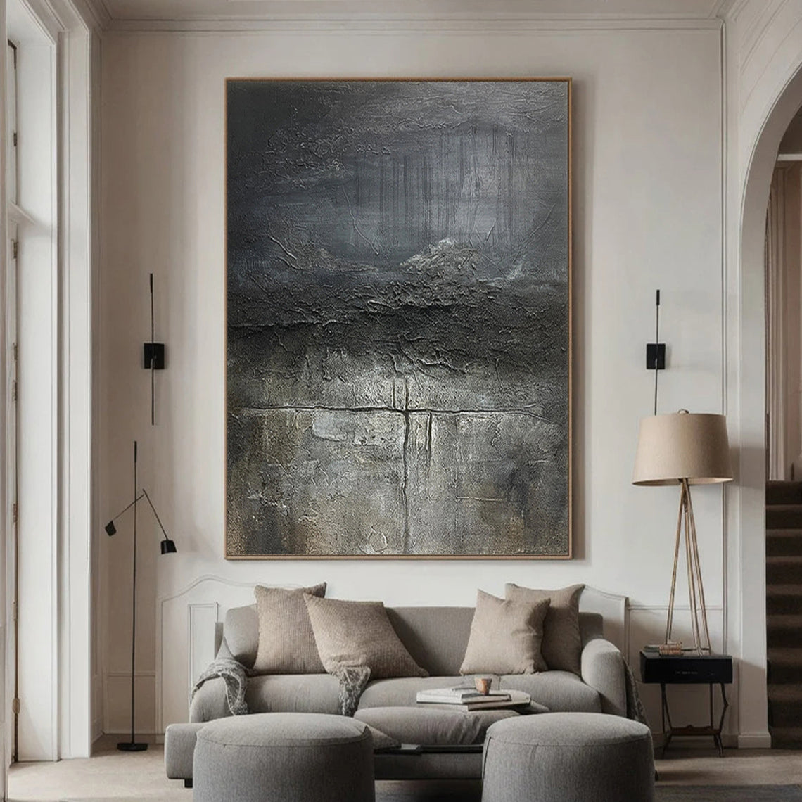 Earthen Crust – Hand-Painted Dark Grey Volcanic Texture Plaster Relief Wabi-Sabi Painting | Japandi Wabi-Sabi Living Room & Bedroom Art