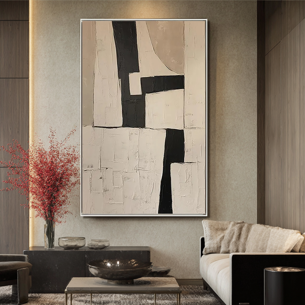 Monolith Trace – Hand-Painted Black and Beige Plaster Relief Wabi-Sabi Painting | Japandi Organic Wabi-Sabi Living Room & Hallway Art