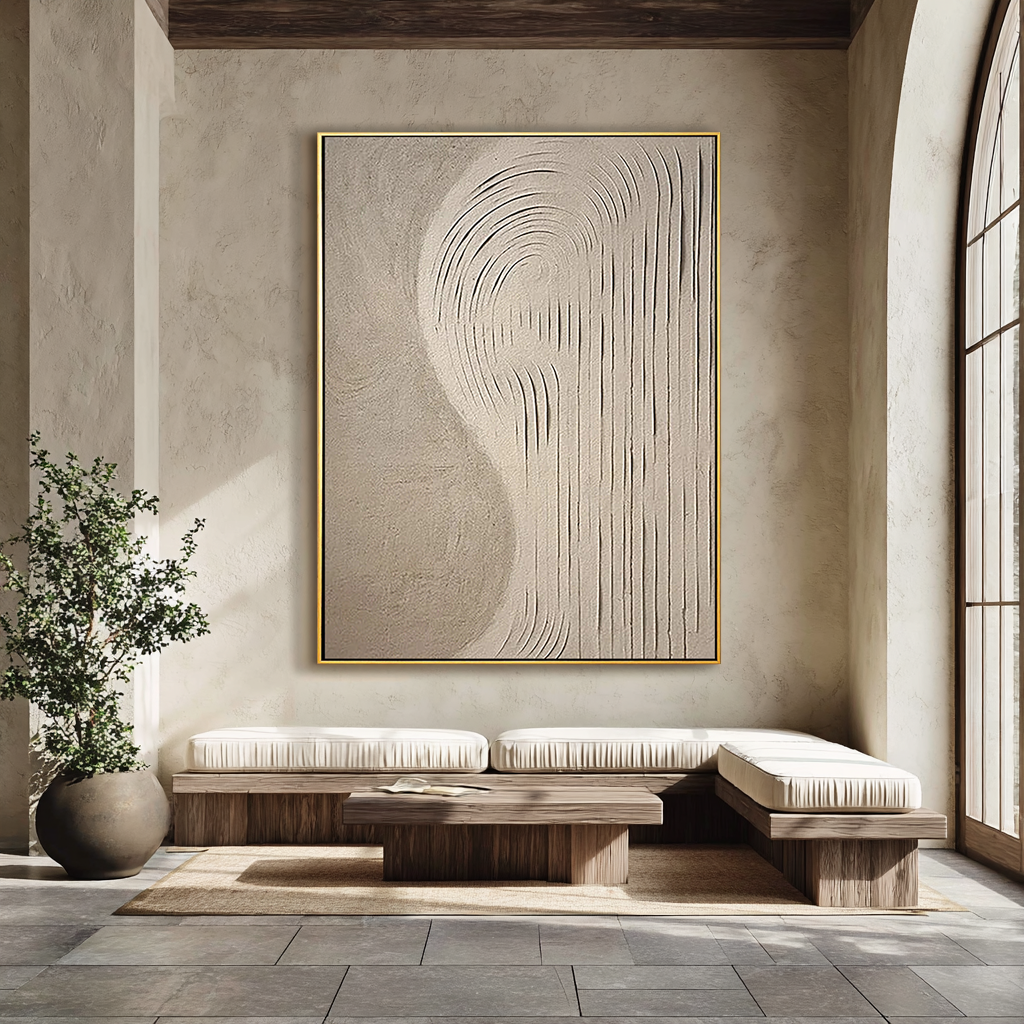 Organic Curve – Hand-Painted Neutral Beige S-Shape Plaster Relief Wabi-Sabi Painting | Japandi Organic Wabi-Sabi Living Room & Hallway Art