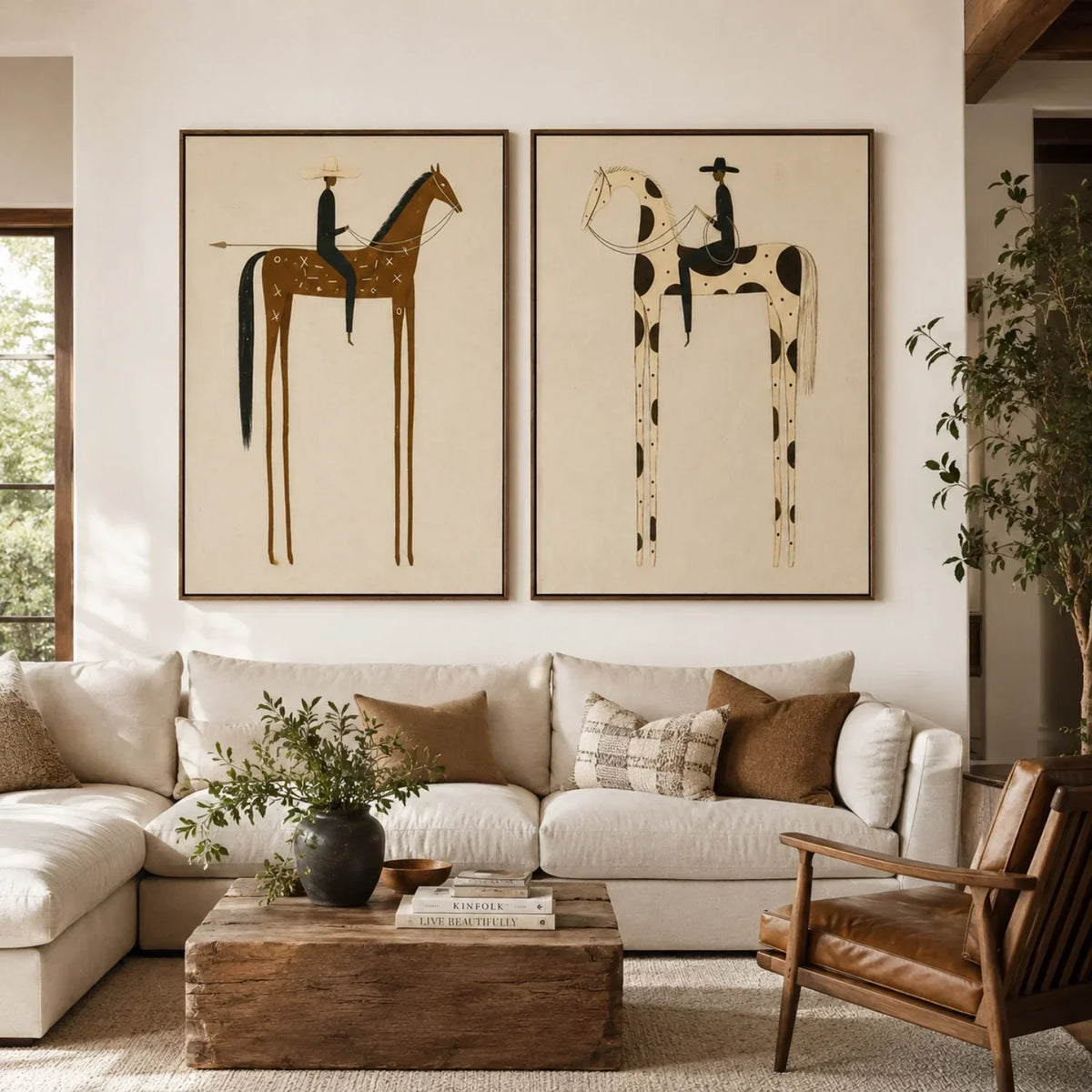 Tall Reins in Balance – Black Horse Rider Diptych | Minimalist Western Vertical Wall Art