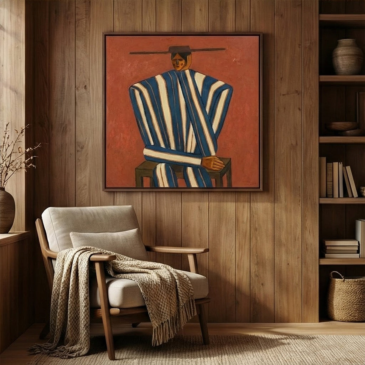 Stripes Beneath Wide Brim – Rust Striped Figure Painting | Vintage Western Square Wall Art
