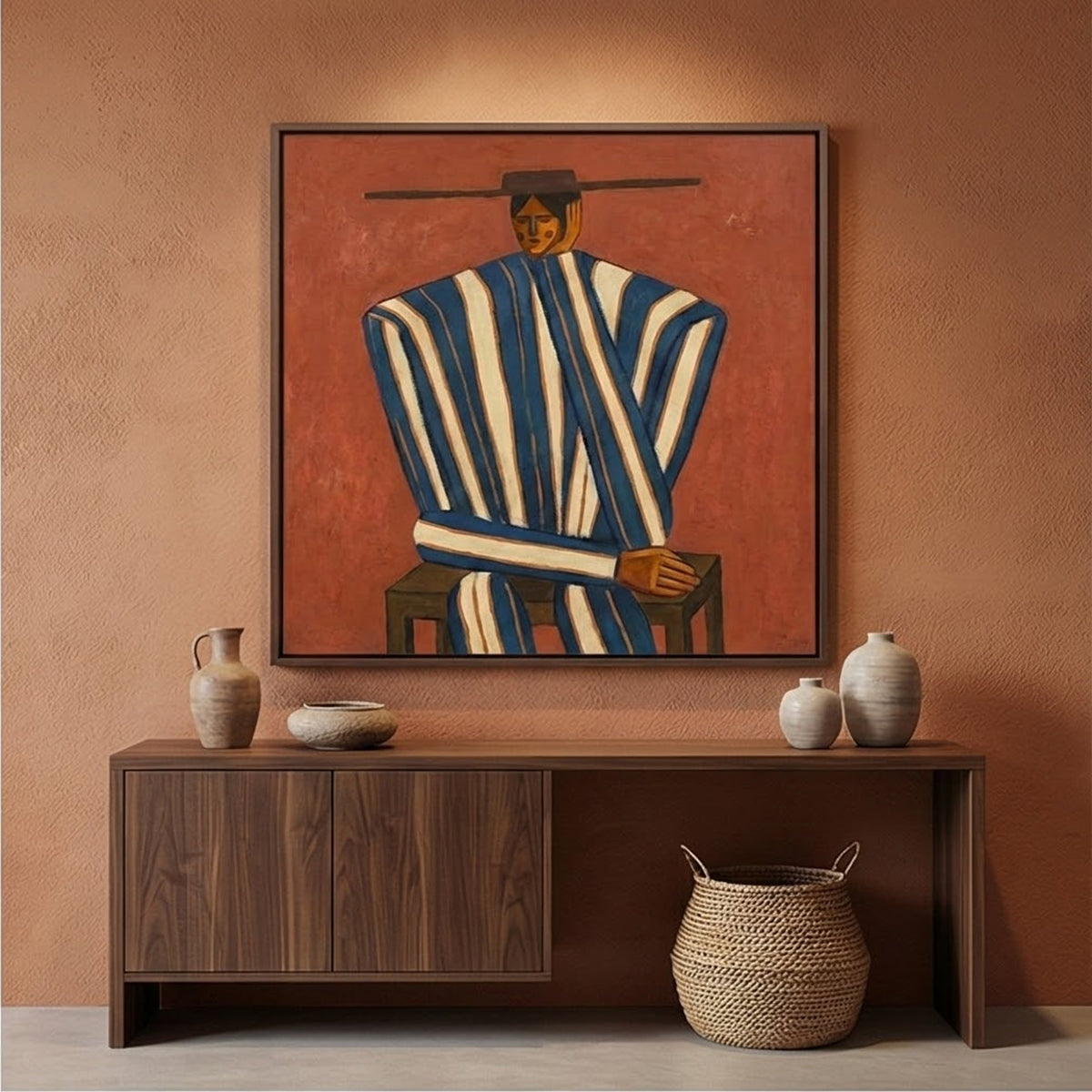 Stripes Beneath Wide Brim – Rust Striped Figure Painting | Vintage Western Square Wall Art