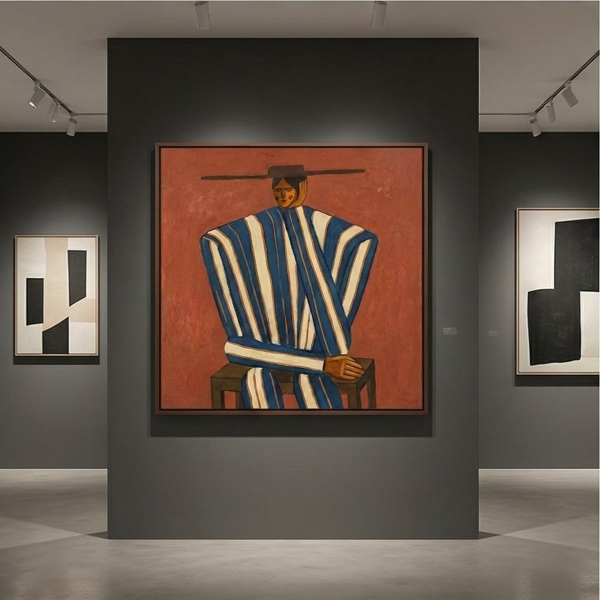 Stripes Beneath Wide Brim – Rust Striped Figure Painting | Vintage Western Square Wall Art