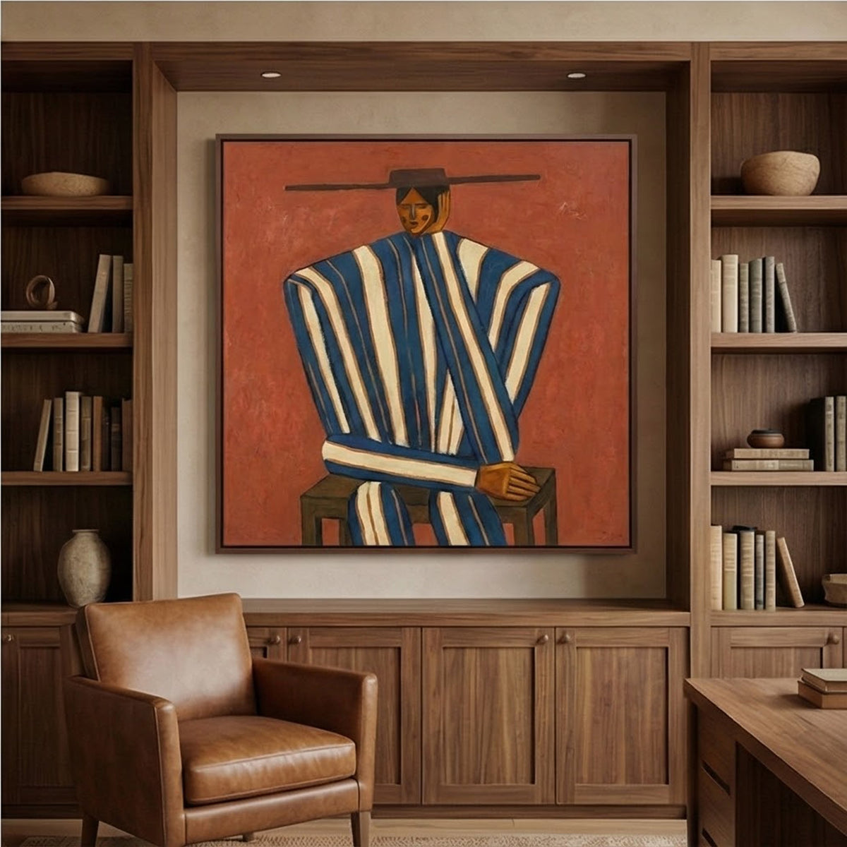 Stripes Beneath Wide Brim – Rust Striped Figure Painting | Vintage Western Square Wall Art