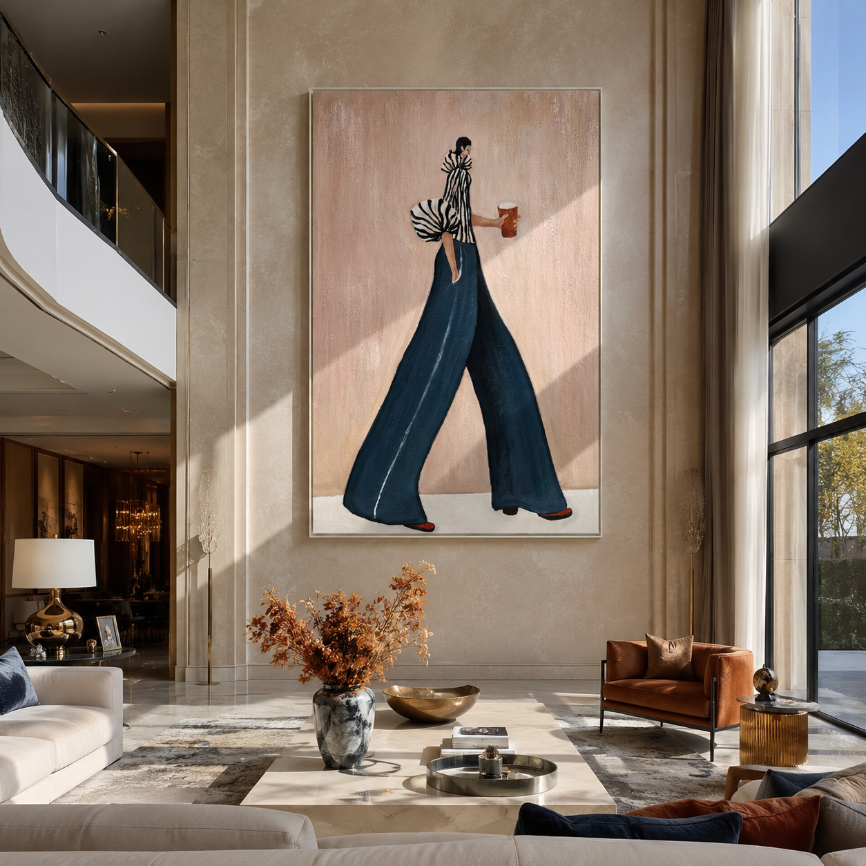 The Urban Stride – Avant-Garde Zebra Striped & Teal Figures Painting | Chic Dusty Pink Living Room Art