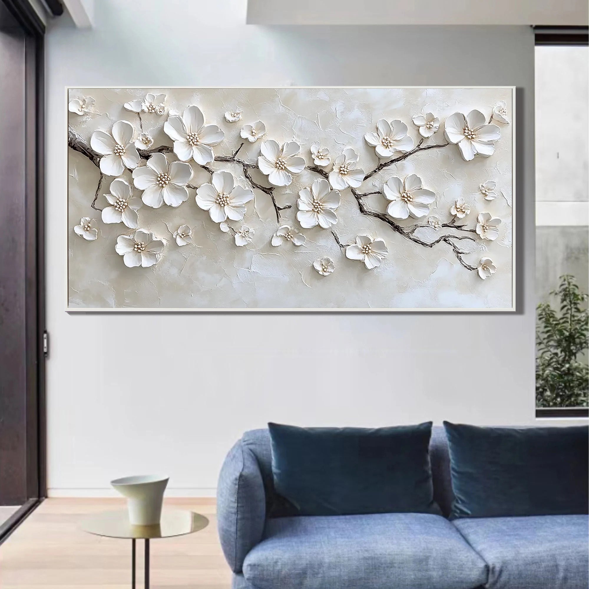 Serene Blossoms – Modern Luxury Creamy Beige Blossom Tree Painting |Horizontal Textured Dining Room Art