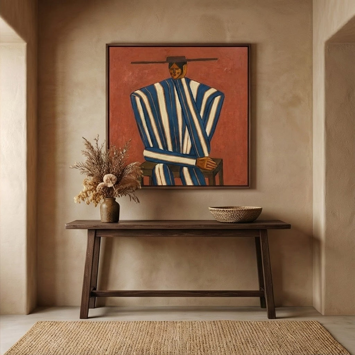 Stripes Beneath Wide Brim – Rust Striped Figure Painting | Vintage Western Square Wall Art