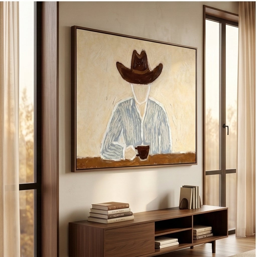 Morning Cup in Silence – Neutral Wide Hat Figure Painting | Modern Figurative Horizontal Wall Art