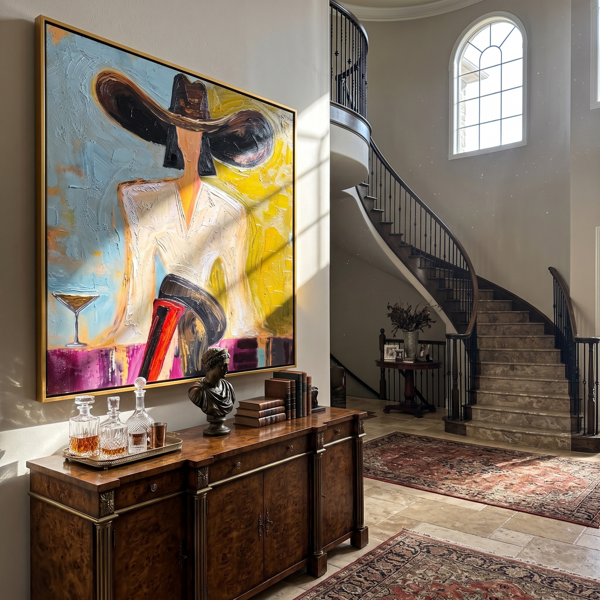 Black Brim Cocktail – Woman in Hat with Martini Painting | Vintage Americana Square Art