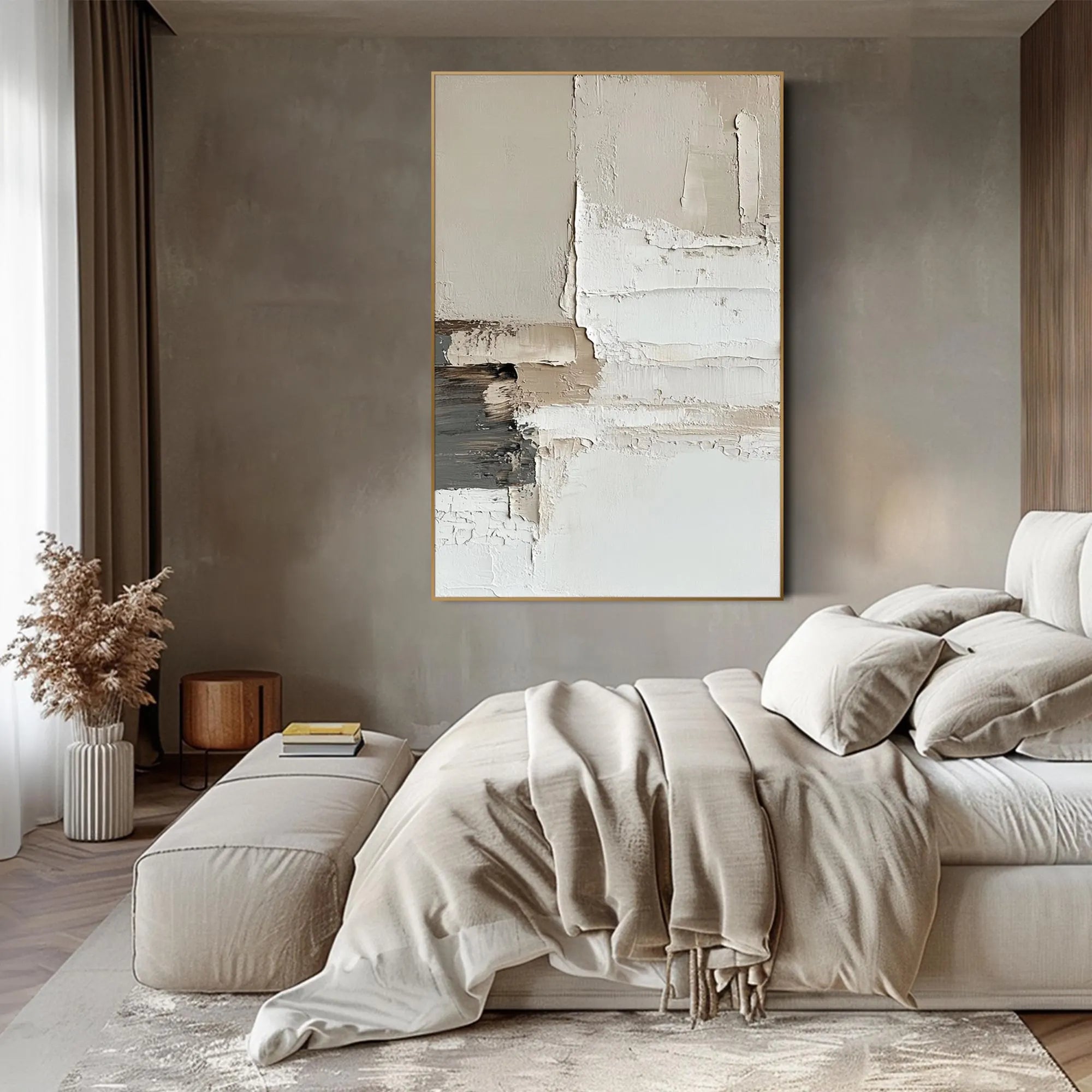 Modern Layers – Hand-Painted Minimalist Neutral Beige and Grey Palette Knife Abstract Painting | Modern Minimalist Bedroom & Home Office Art