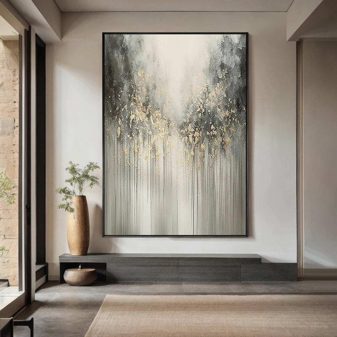 GOLDEN RAIN: Modern Vertical 3D Heavy Texture Wall Art, Abstract Grey & Gold Drip Relief