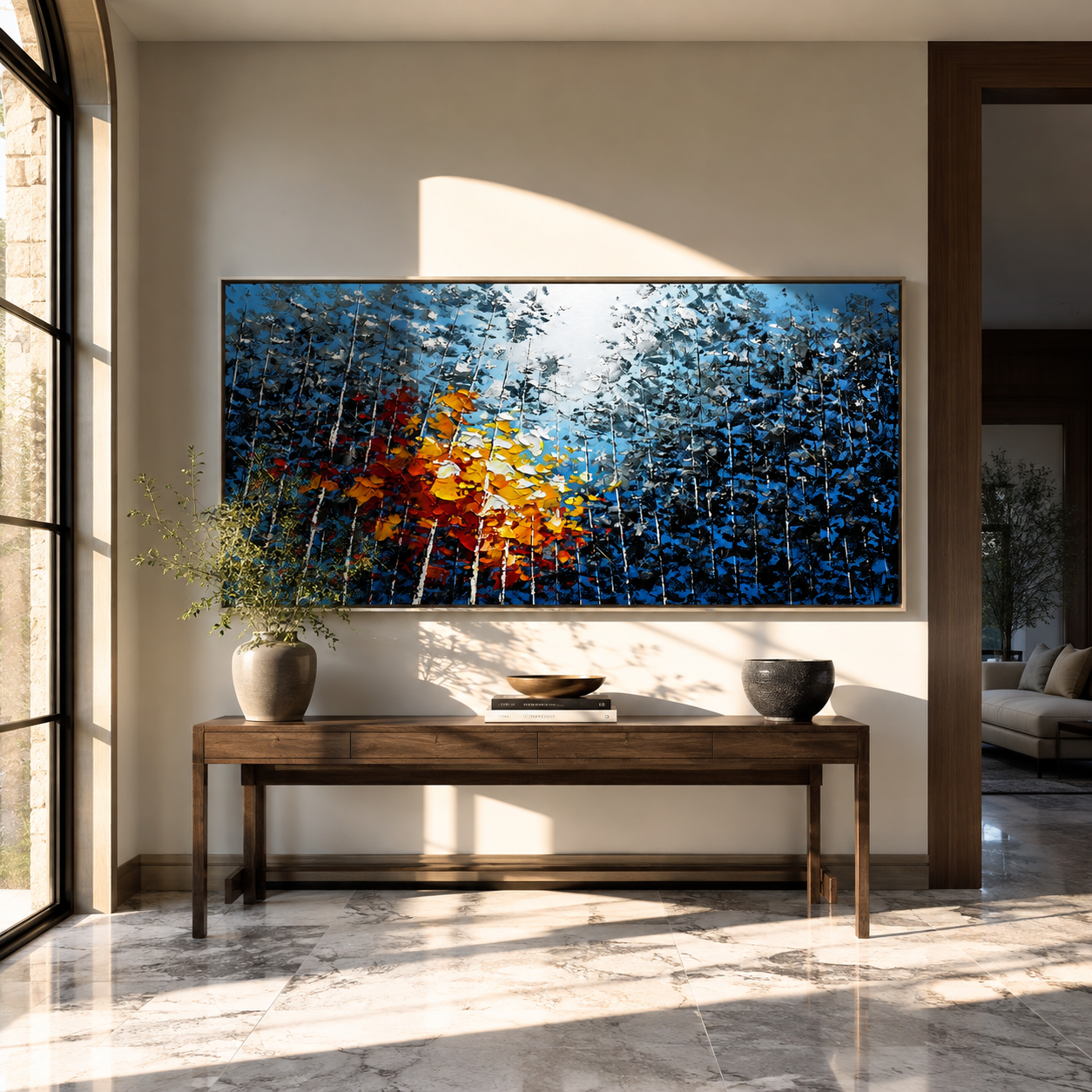 Birches Catch the Light – Blue & Gold Birch Grove Painting | Textured Panoramic Living Room Wall Art