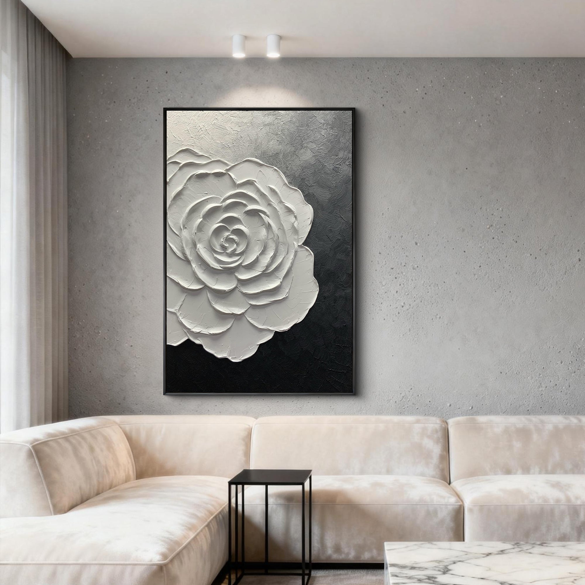 Dawn Blossom – Modern Minimalist Black-and-White Textured Painting | White Rose Living Room Art