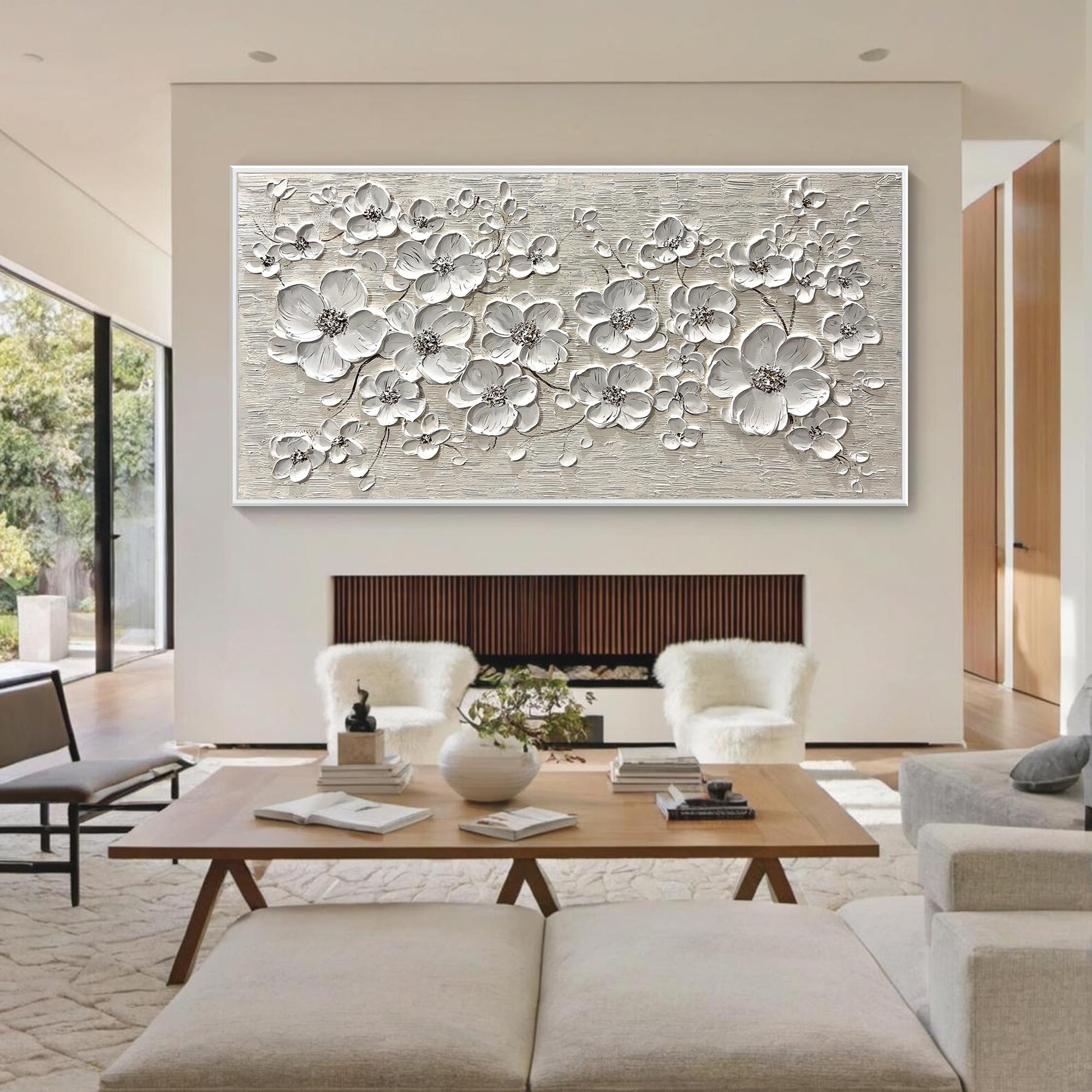 White Harmony – Hand-Painted 3D Impasto White Blossom Floral Painting | Contemporary Botanical Bedroom & Living Room Art