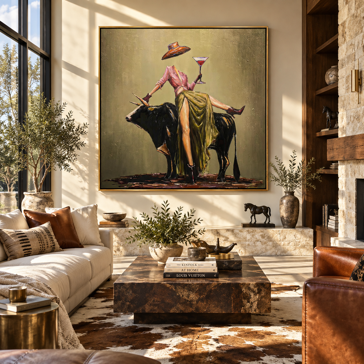 Brim Above the Bull – Olive Western Woman and Black Bull Painting | Vintage Americana Square Wall Art