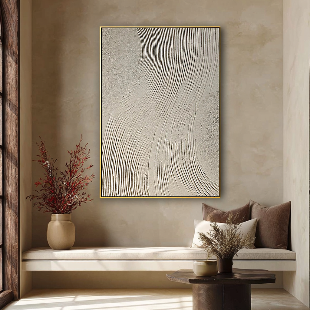 Desert Rhythm – Hand-Painted Minimalist Beige Linear Plaster Relief Wabi-Sabi Painting | Japandi Organic Wabi-Sabi Living Room & Hallway Art